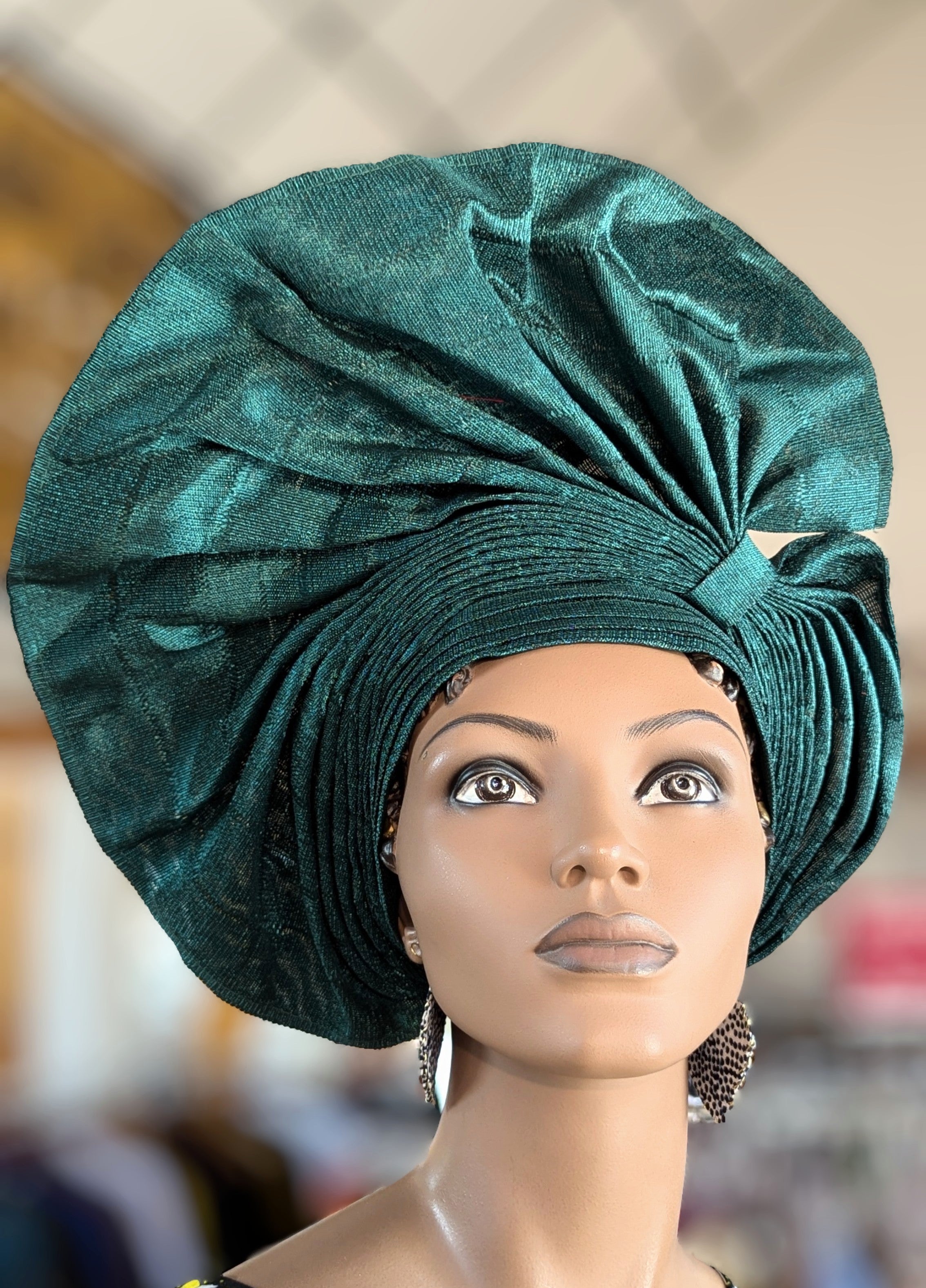 African Olufunke Emerald Green Aso Oke Autogele Ready Gele Head Wrap Hat - Traditional Nigerian Headwear for Weddings, Parties & Special Occasions