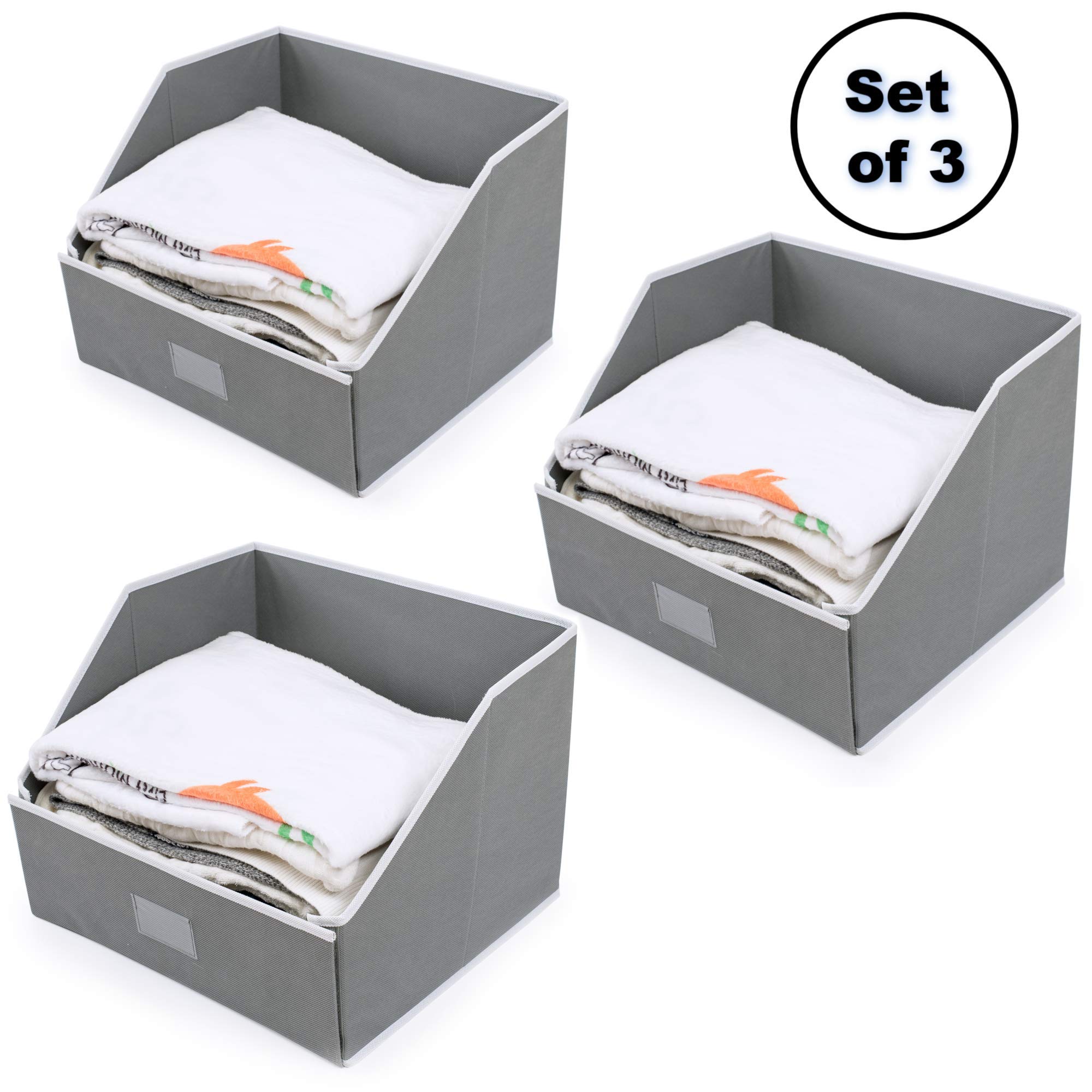 Woffit Linen Closet Storage Organizers - Set of 3 Large Foldable Fabric Baskets for Sheets, Towels, Blankets & Clothing | Space-Saving Home Organization Solution for Bedroom, Bathroom & Closet