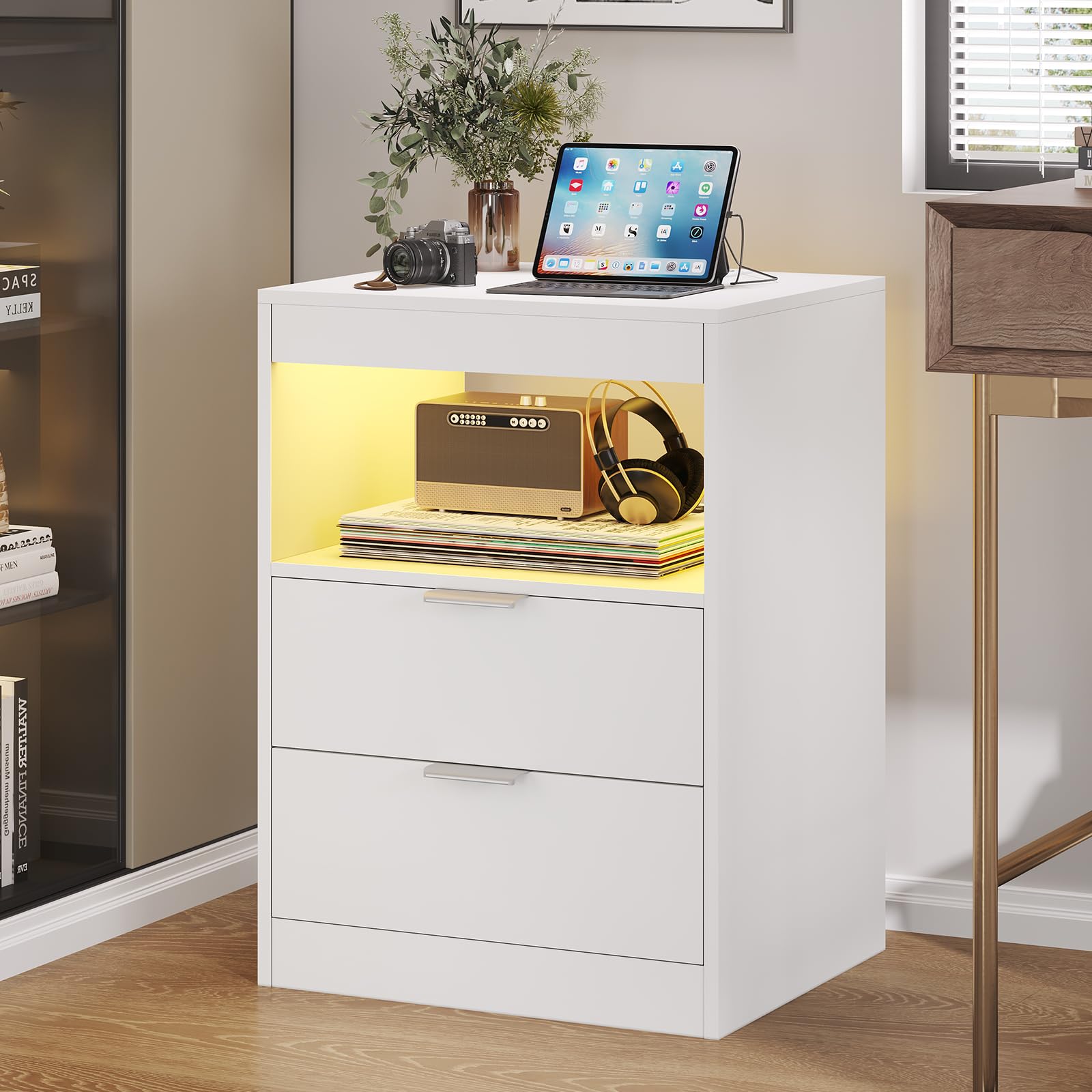 ADORNEVE Modern LED Nightstand with Wireless Charging - White Wooden Bedside Table with 2 Drawers & Pull-Out Shelf, USB Ports & Touch Control Lights - Perfect for Bedroom, Living Room & Small Spaces