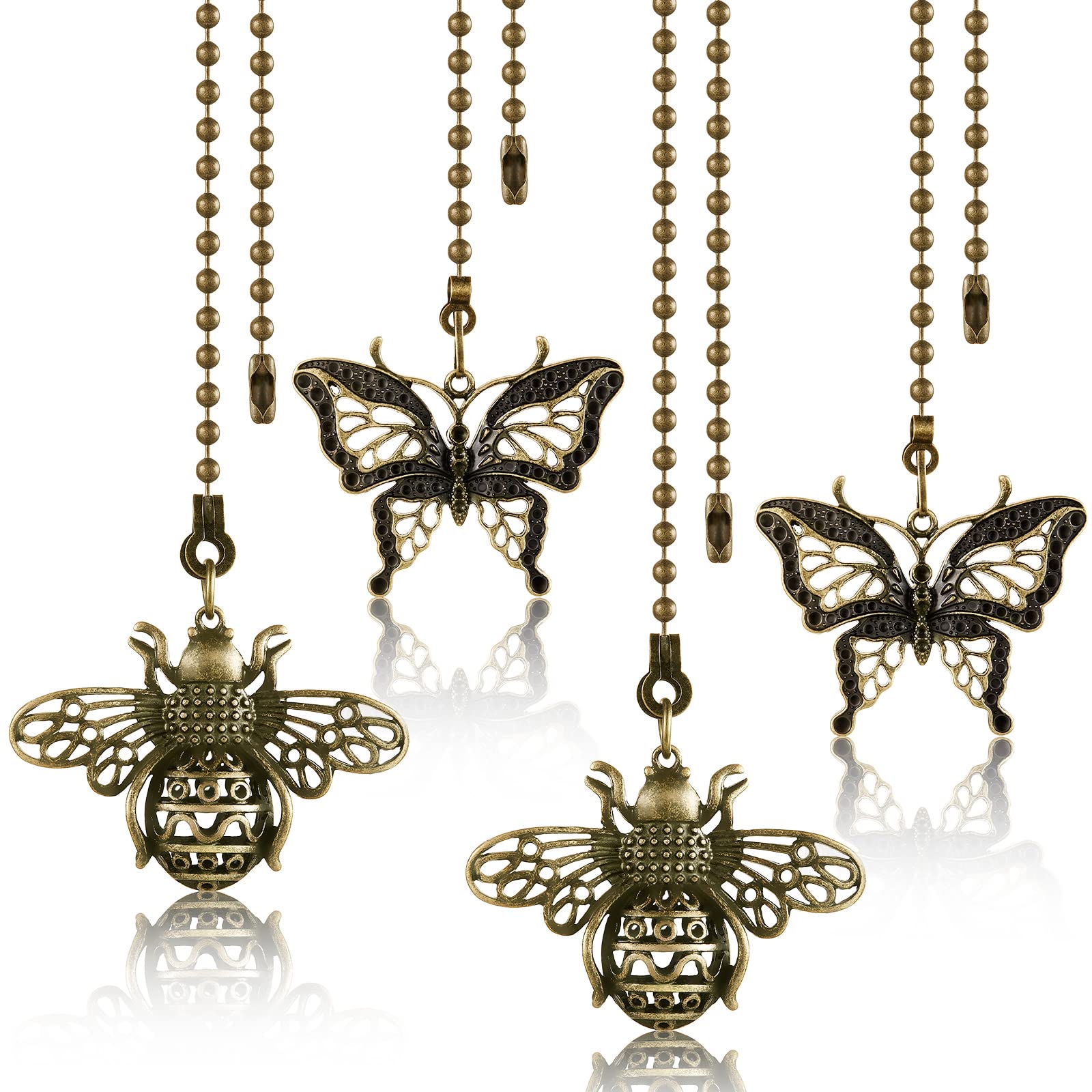 4-Piece Vintage Bee & Butterfly Ceiling Fan Pull Chain Set - 13 Inch Decorative Fan Pull Extender with Connector - Bronze Dangler Pendants for Home, Bedroom, Living Room & Office Decor