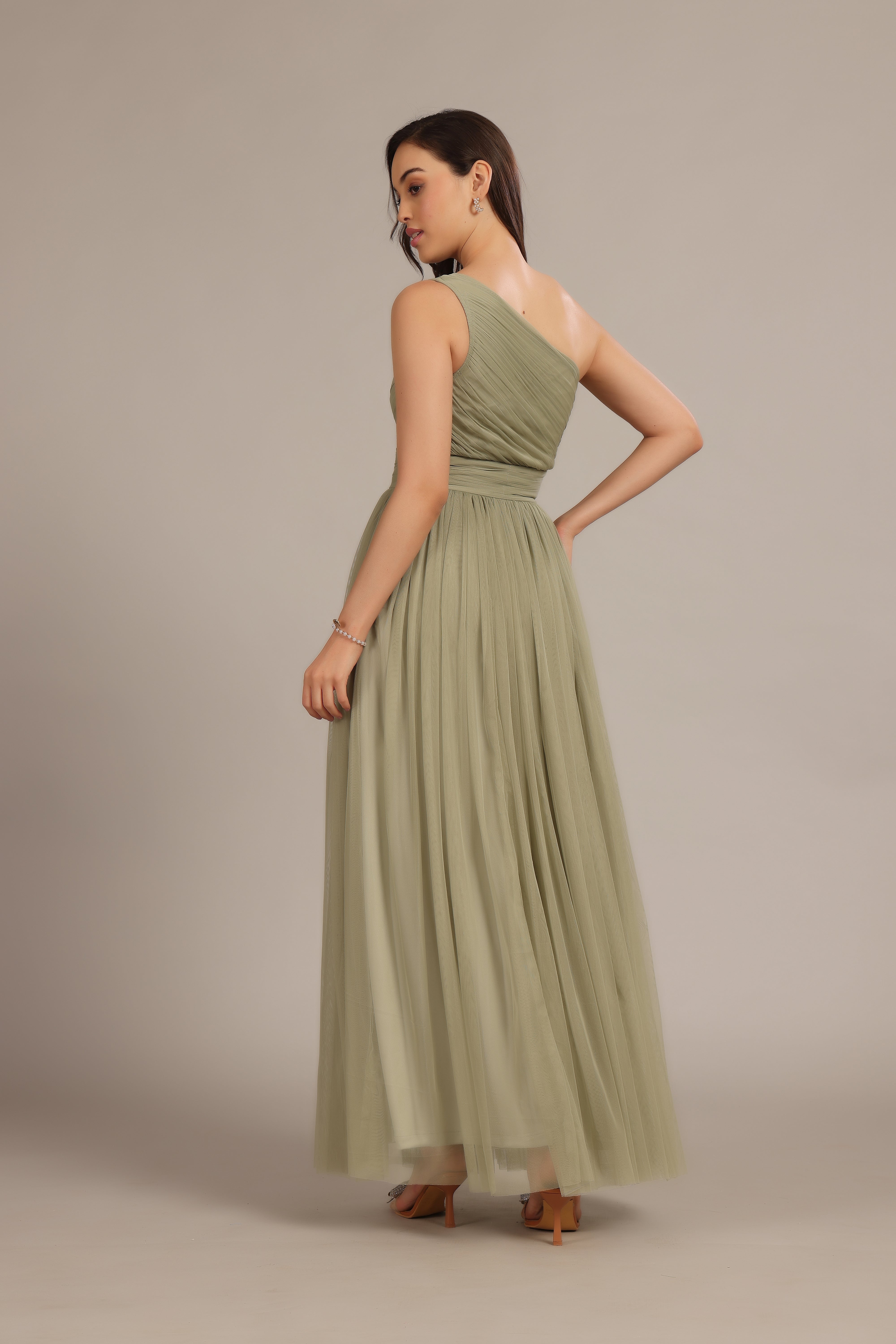 Elegant One Shoulder Maxi Dress in Dusty Sage Green - Perfect for Beach Vacations, Summer Weddings & Evening Parties