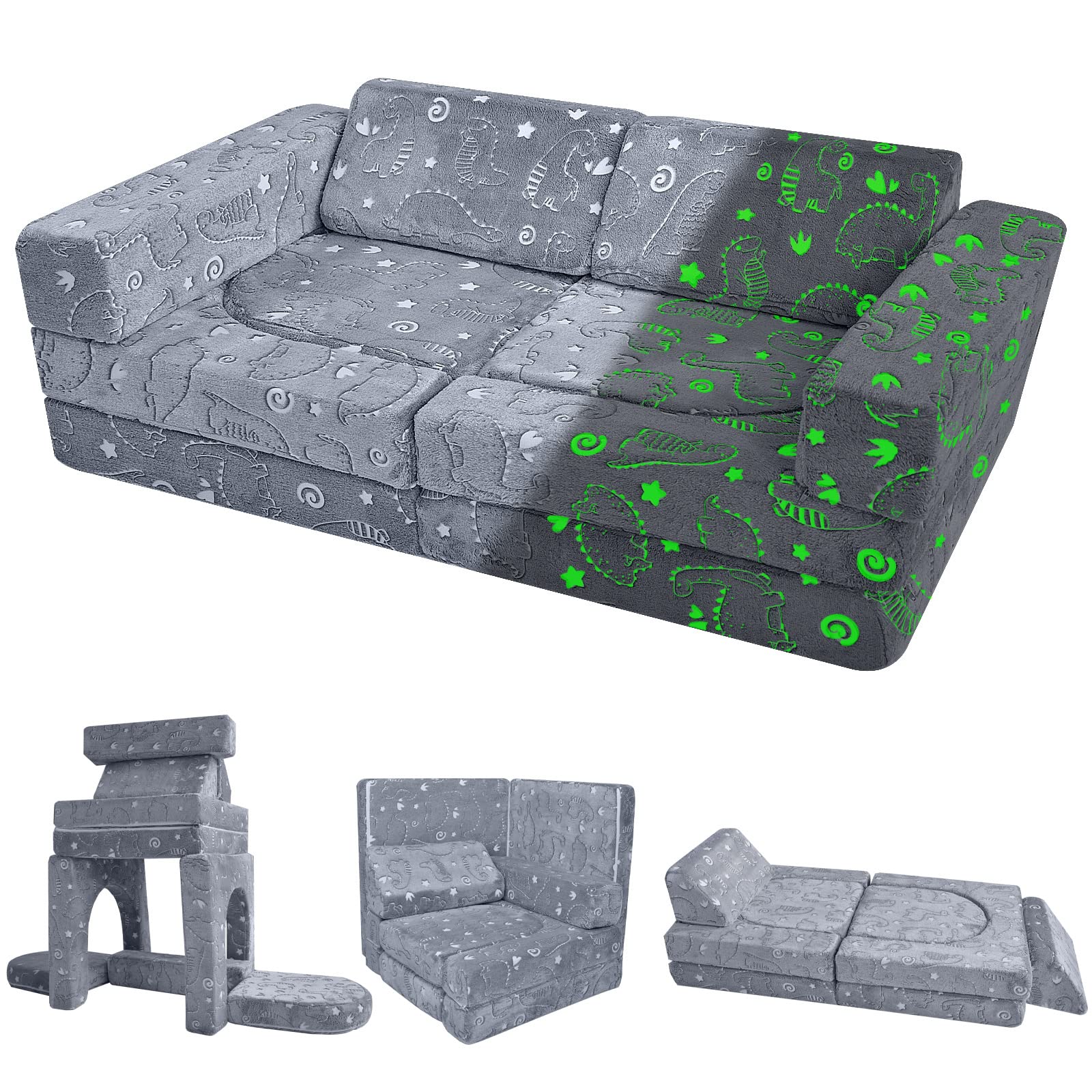 MeMoreCool 10-Piece Modular Kids Play Couch Set - Soft Foldable Sofa for Boys & Girls, Glow-in-The-Dark Dinosaur Design - Perfect for Playroom, Bedroom & Indoor Playtime Activities