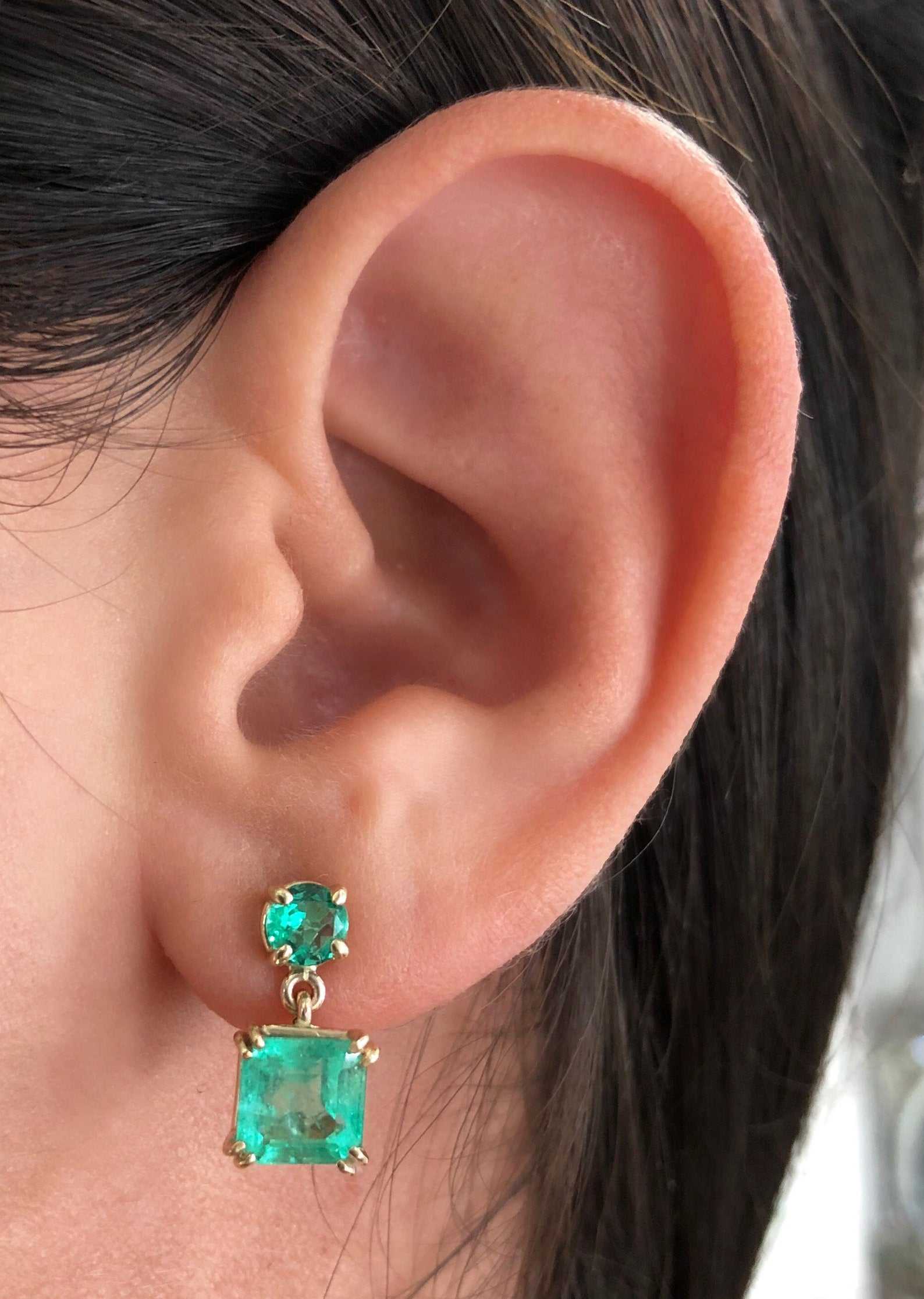 3.20tcw Natural Rich Green Emerald Asscher & Round Cut Dangle Stud Earrings in 14K Gold - Elegant Jewelry for Weddings, Parties & Special Occasions
