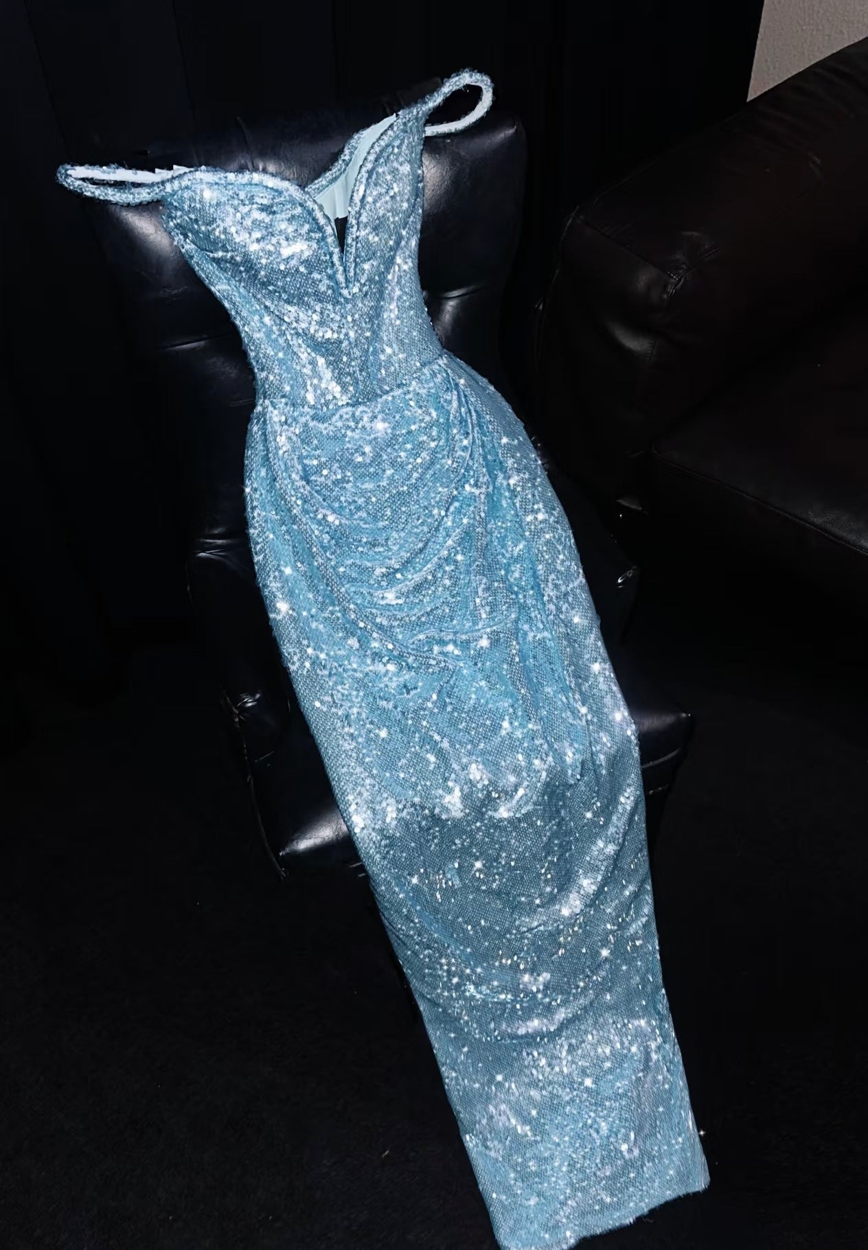 Elegant Off The Shoulder Blue Sequin Prom Dress - Sheath Evening Gown for Homecoming, Pageant & Formal Events (Style J6339)