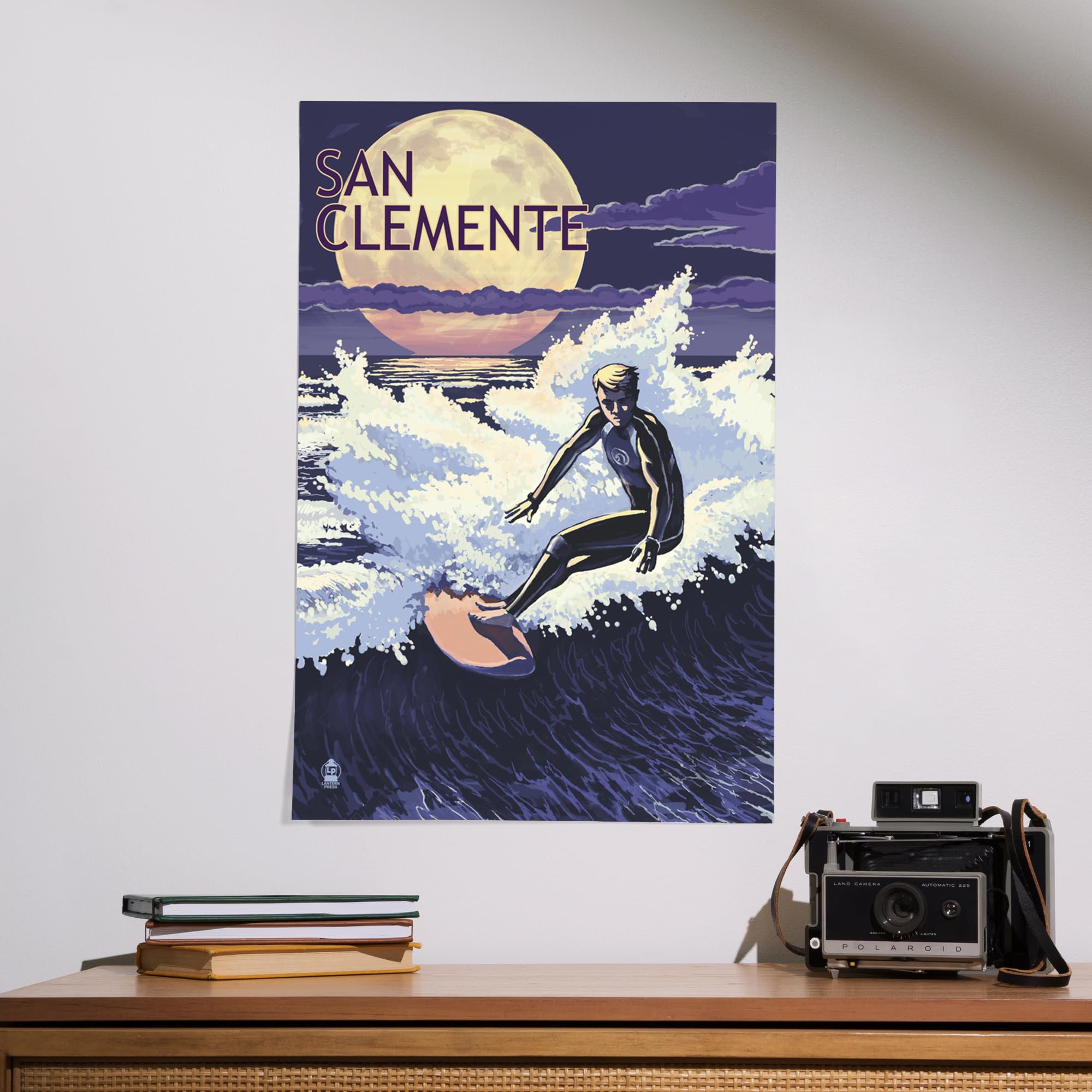 Lantern Press 16x24 Inch Giclee Art Print - San Clemente Beach California Night Surfer Wall Decor - Perfect for Living Room, Bedroom & Coastal Home Decor