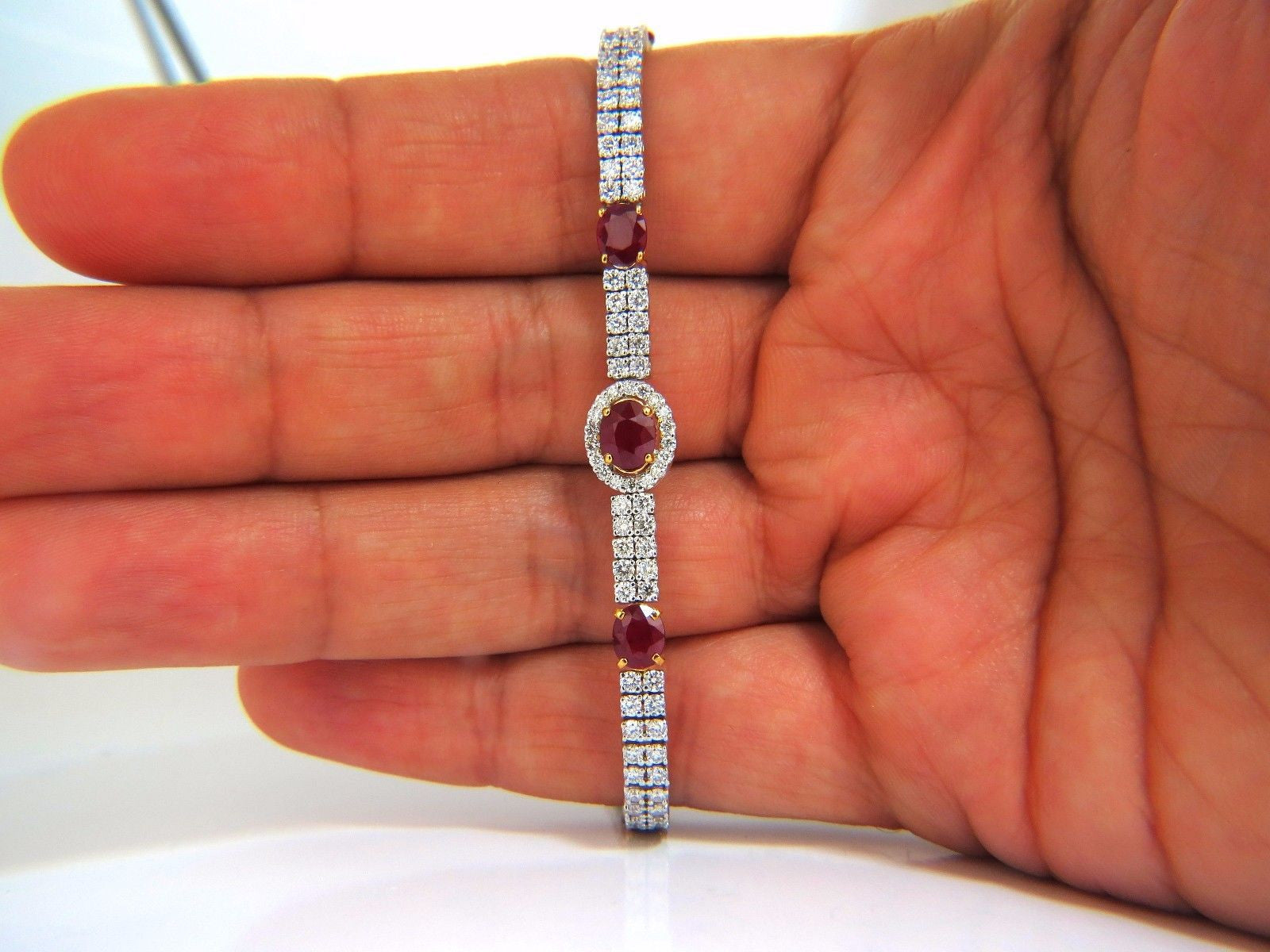 7.34ct Natural Ruby & Diamond Bracelet - 14K Gold Double Row Cluster Vintage Deco Style for Women's Elegant Evening Wear & Special Occasions