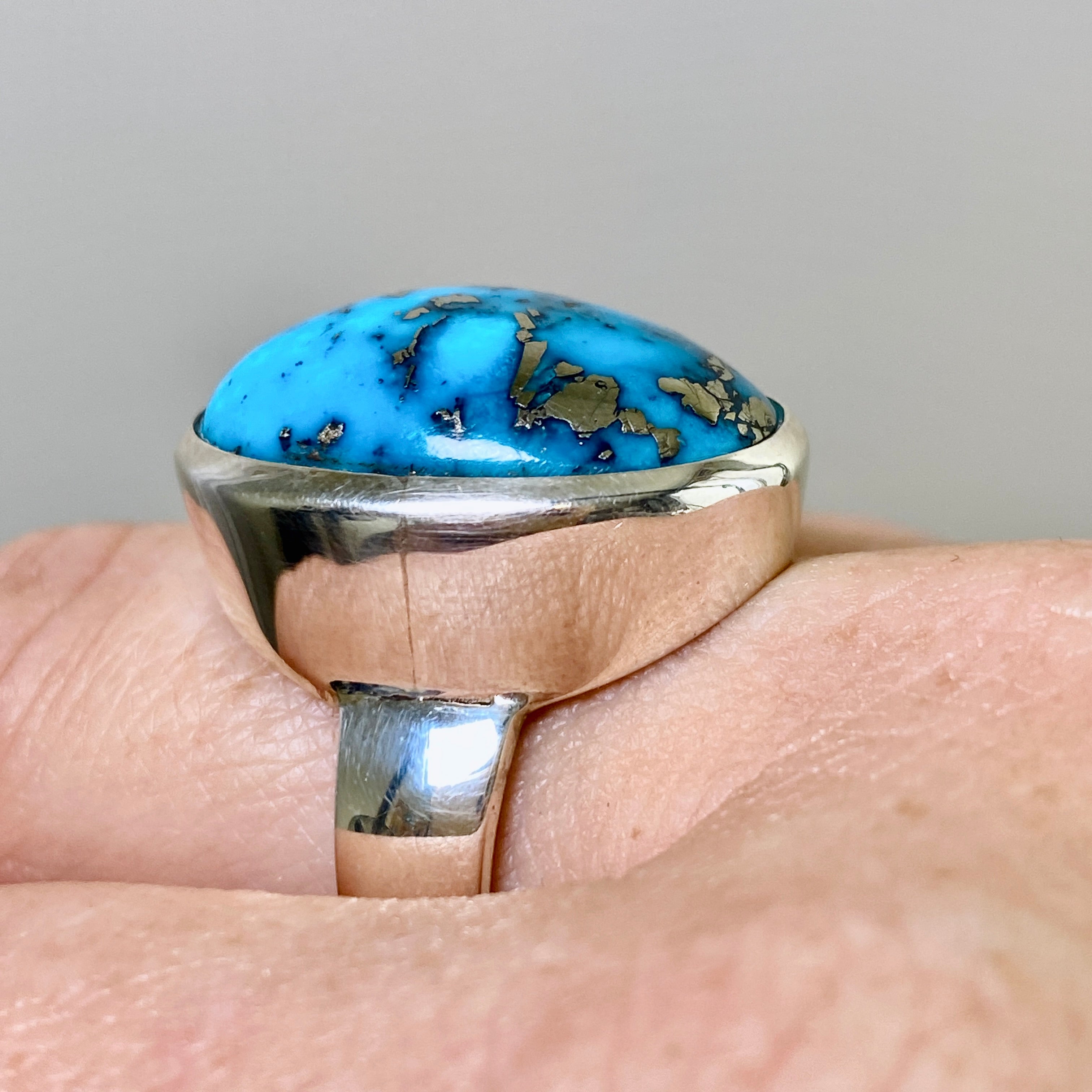 Natural Persian Turquoise with Pyrite Oval Cabochon Ring - Size 10 - Handmade Iranian Gemstone Jewelry for Women - Perfect for Boho, Western & Everyday Fashion