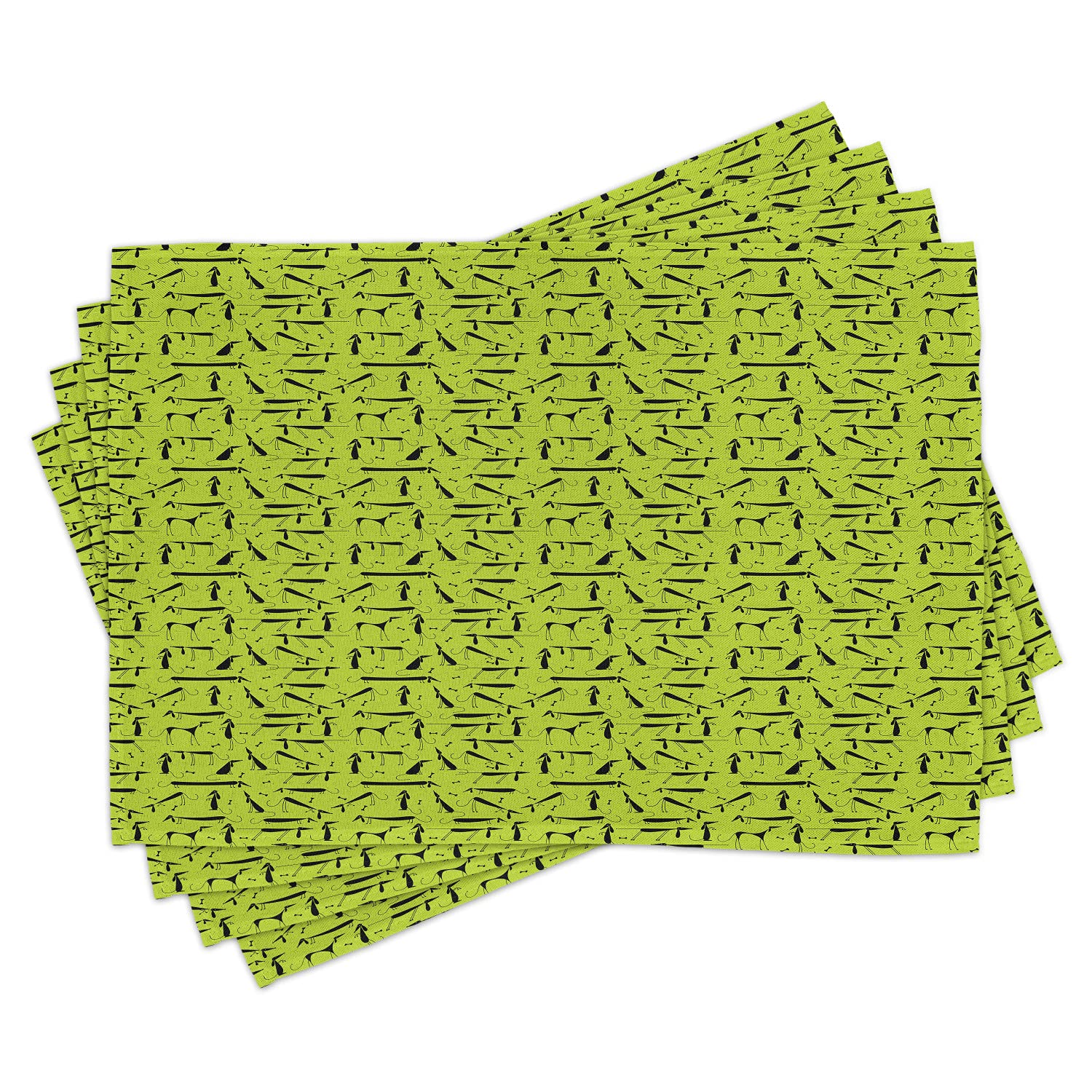 Lunarable Set of 4 Washable Dog Bone Place Mats - Abstract Canine Silhouette Print with Long Legs & Tails - Black & Yellow Green Kitchen Table Decor for Dining Room - Perfect for Pet Lovers' Homes, Dog-Themed Parties & Durable Everyday Use
