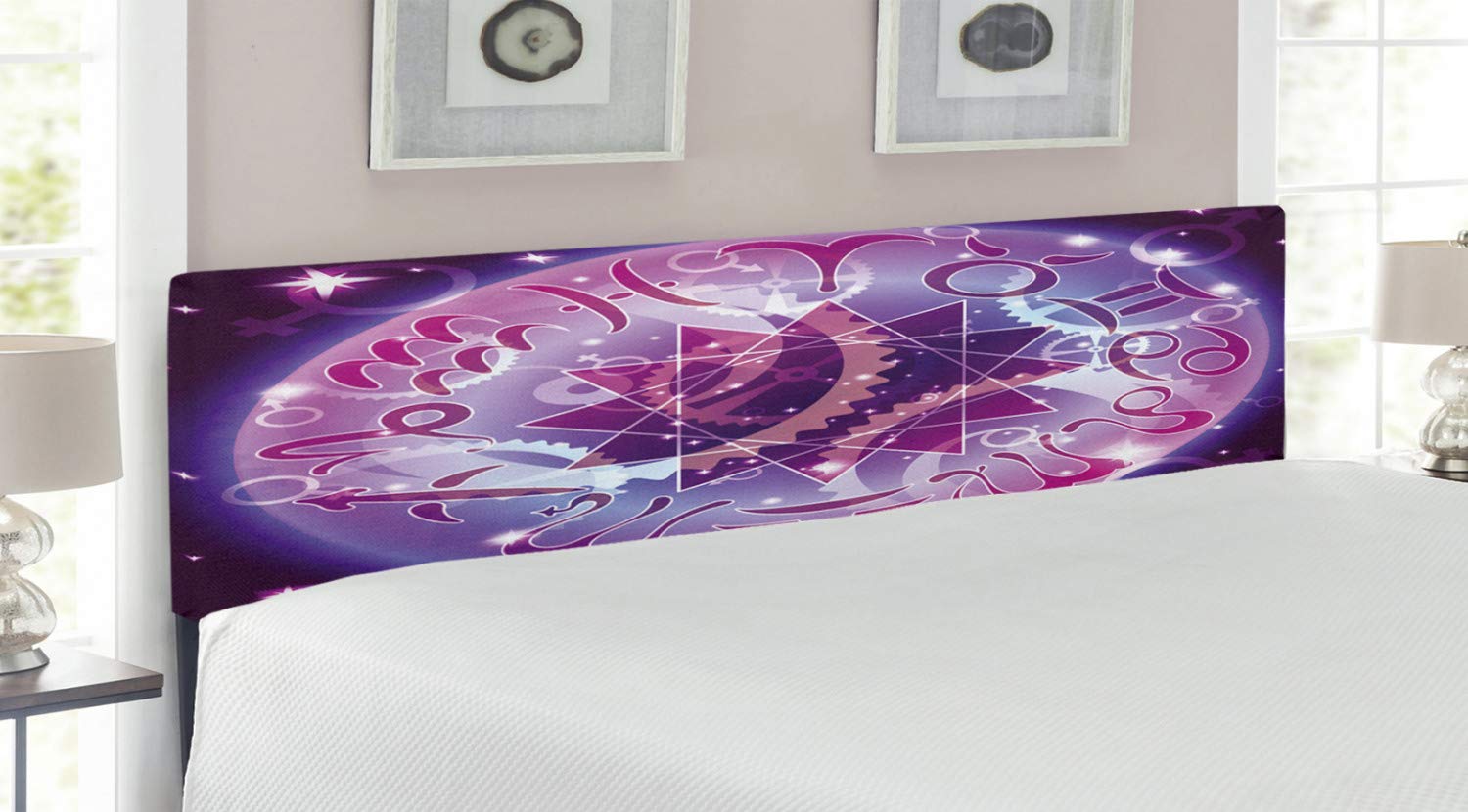 Ambesonne Astrology Upholstered Headboard - King Size Zodiac Circle Design with Abstract Gender Signs & Star Center, Purple and Blue Memory Foam Bed Headboard for Bedroom Decor | Perfect for Astrology Lovers & Space-Themed Bedrooms
