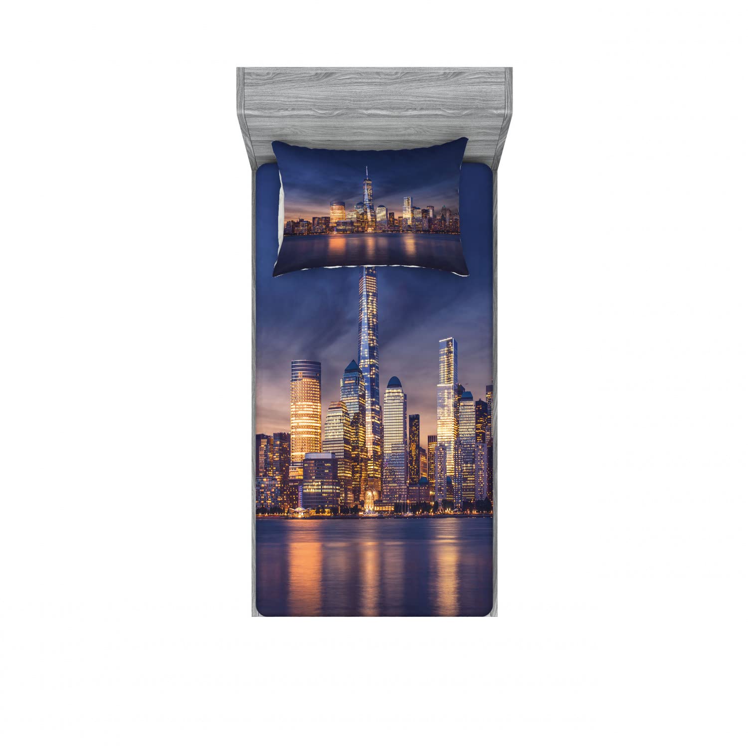 Ambesonne New York 2-Pack Twin XL Fitted Sheet & Pillow Sham Set - Manhattan Skyline Print, 4-Piece Bedding Decor for Dorms, Guest Rooms & Apartments - Vibrant Multicolor Design