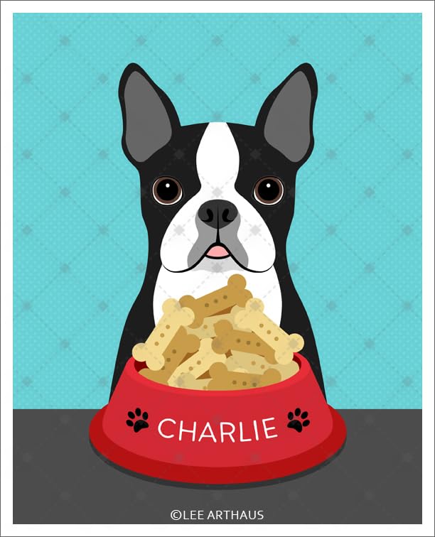 Personalized Name Boston Terrier Dog with Biscuits in Bowl - Custom Pet Portrait Wall Art Print by Lee ArtHaus | Perfect for Dog Lovers, Pet Memorial Gifts & Home Decor