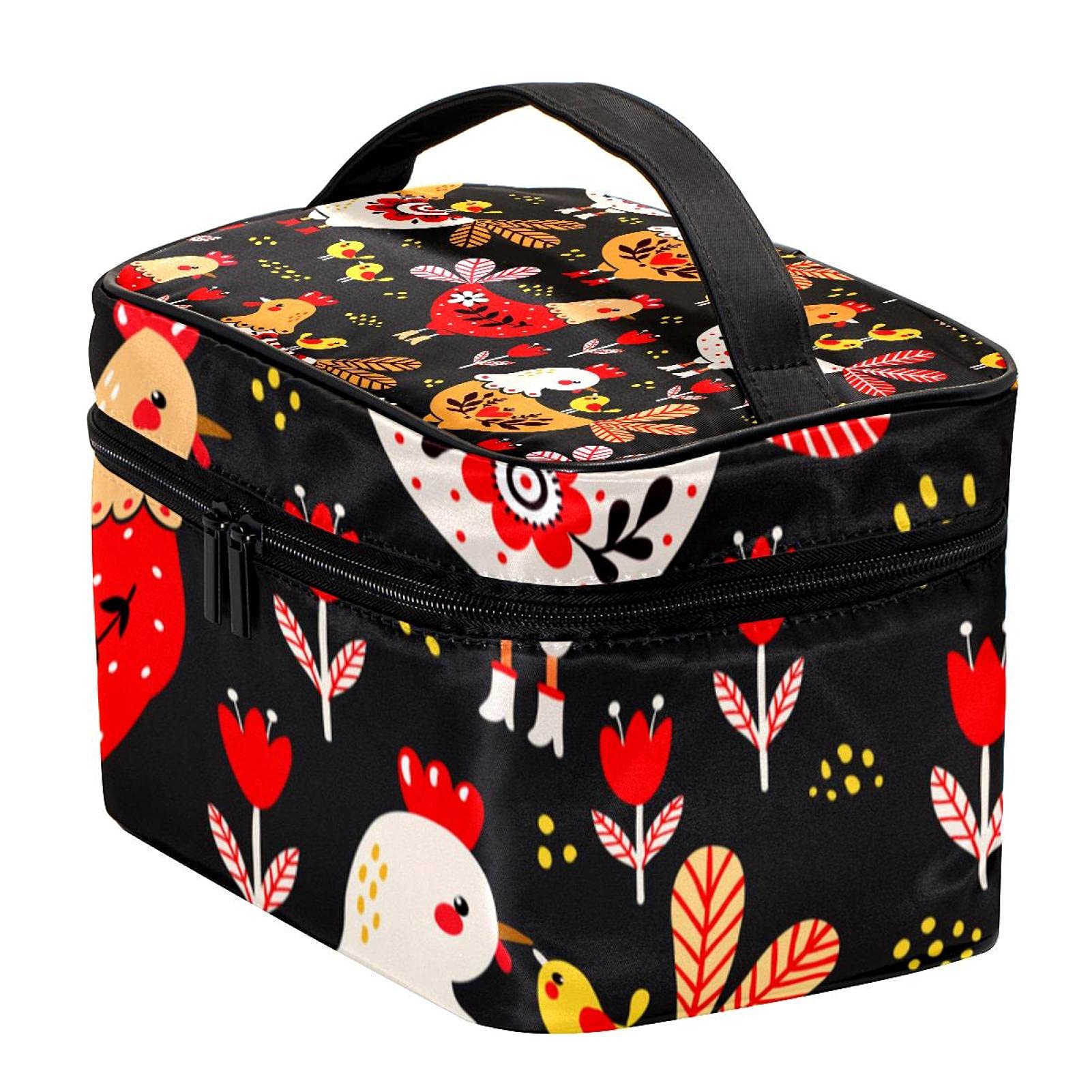 Colorful Rooster Chicken Floral Pattern Travel Makeup Bag - Large Cosmetic Organizer with Zipper - Waterproof Toiletry Bag for Women & Girls - Perfect for Travel, Gym, Beach & Daily Use