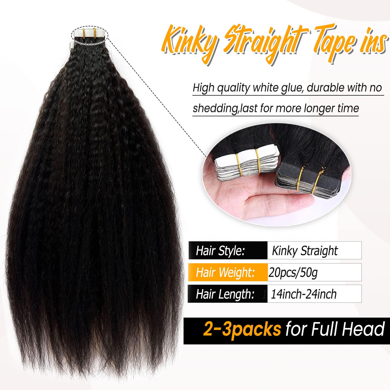 18 Inch Kinky Straight Tape-In Human Hair Extensions - 20 Pieces 50G, 100% Remy Human Hair, Invisible & Seamless for Black Women | Perfect for Styling, Volume Boost & Natural Look
