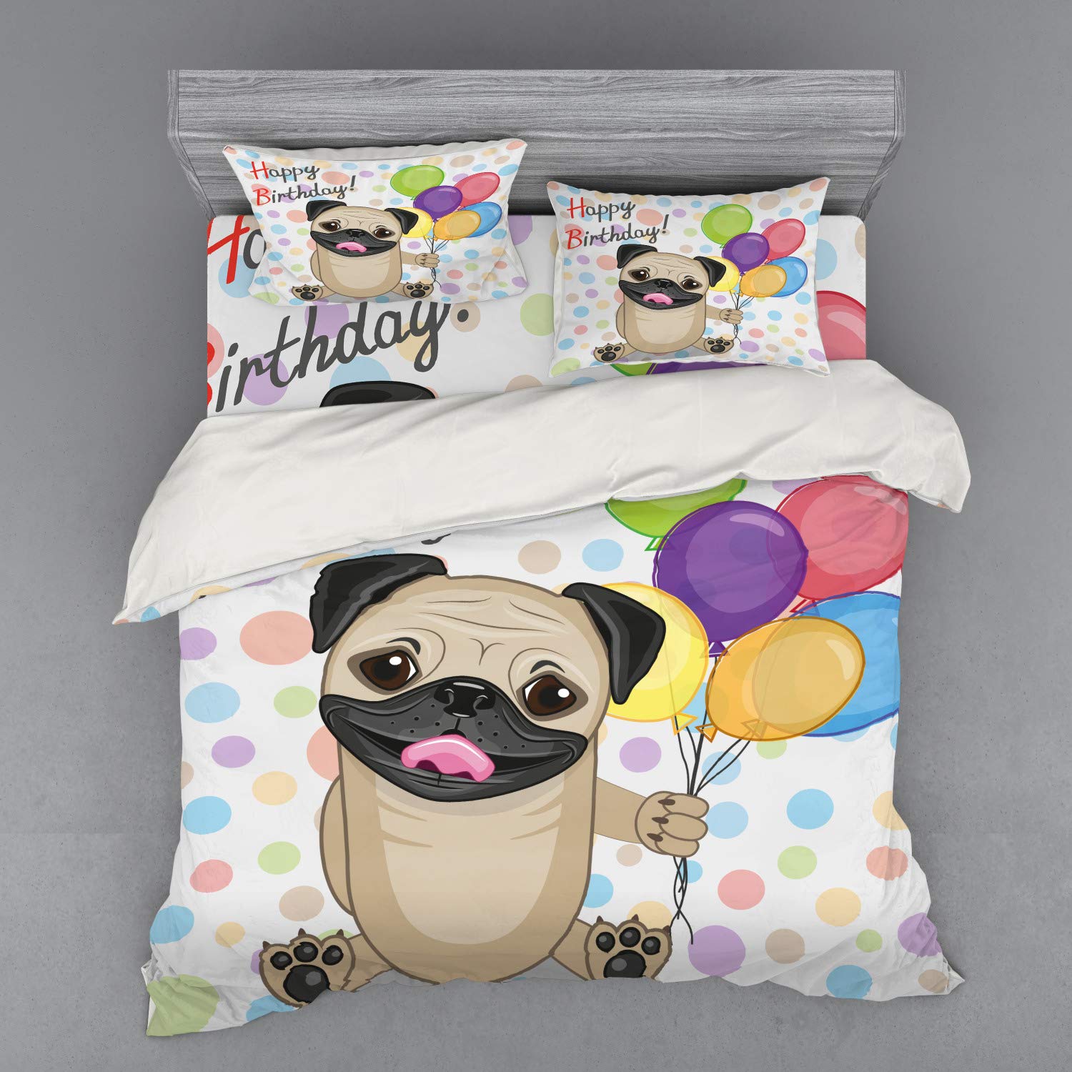 Ambesonne King Size 4-Piece Dog Themed Birthday Bedding Set - Pug with Balloons Duvet Cover, Shams & Fitted Sheet, Multicolor - Perfect for Dog Lovers' Bedrooms & Birthday Party Decor