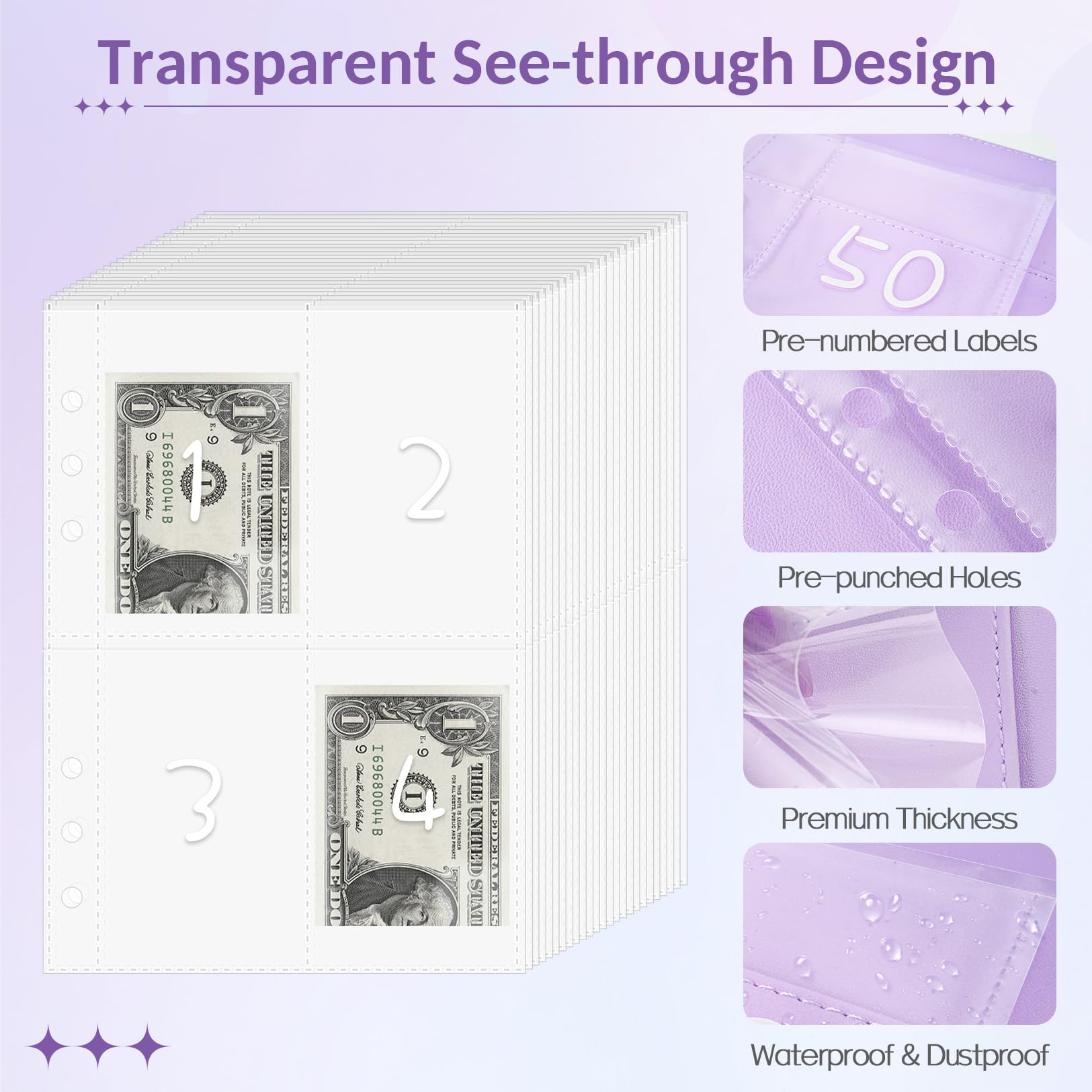 Sooez 100 Envelopes Money Saving Challenge Kit - $5050 Savings Tracker with Pre-Numbered Purple Binder & Motivational Guide | Budgeting Tool for Cash Envelope System, Emergency Fund, or Vacation Savings
