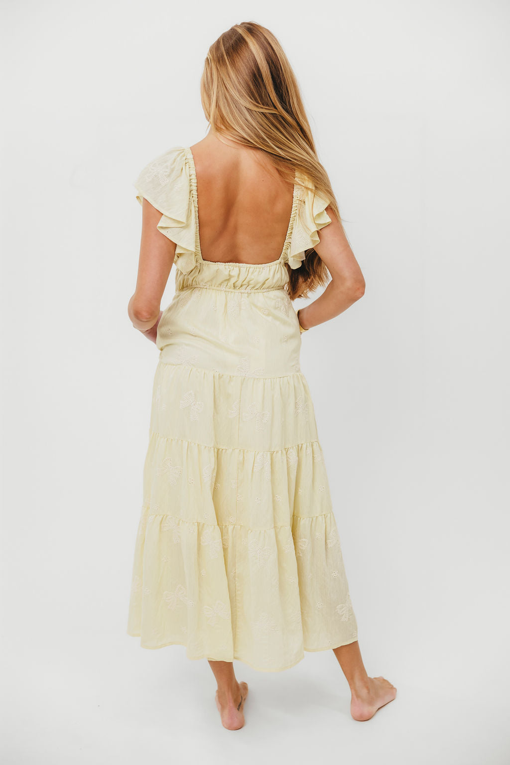 Yellow Destiny Embroidered Ruffle Sleeve Tiered Midi Dress for Women | Floral Summer Party & Wedding Guest Outfit