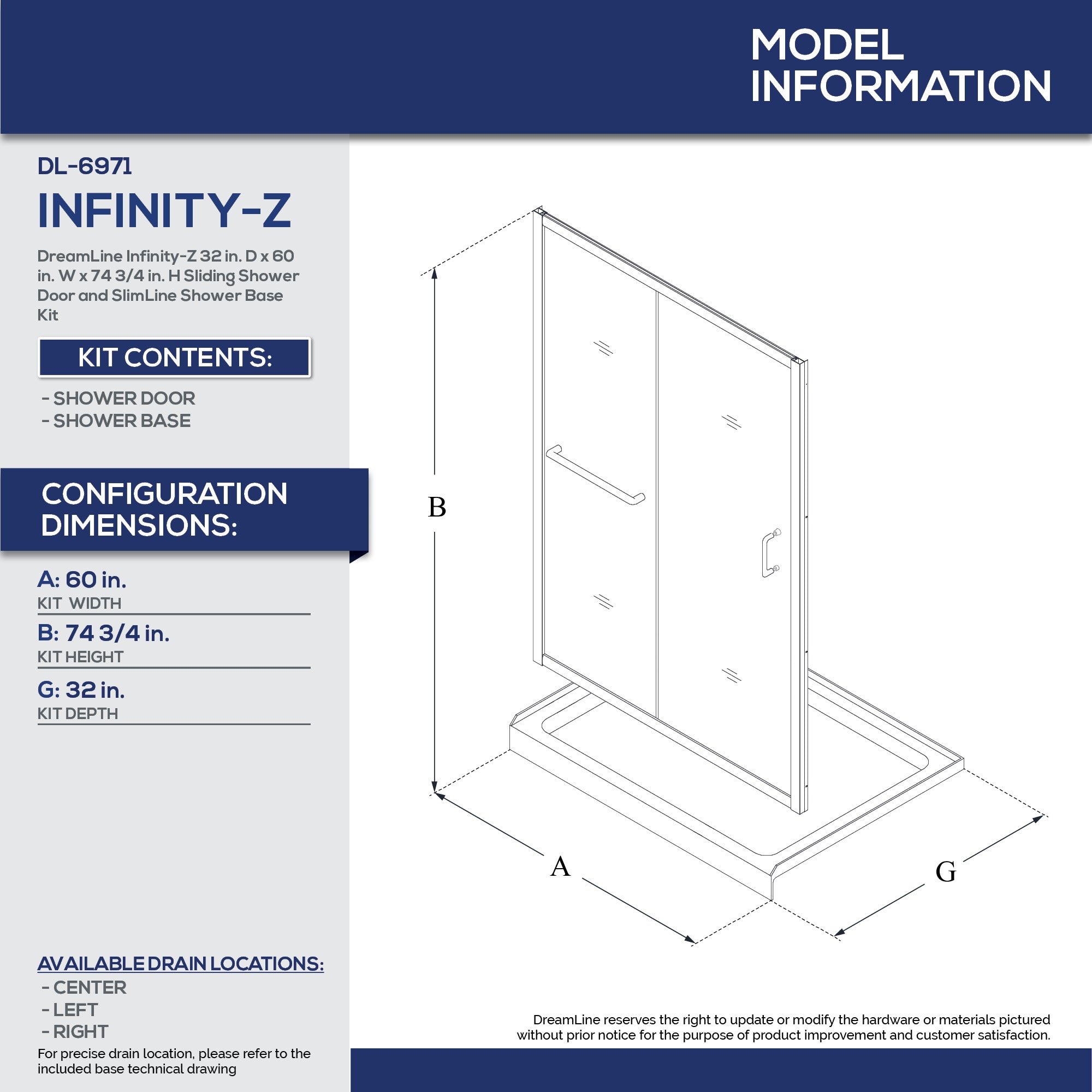 DreamLine Infinity Z 32x60x74.75 Inch Frosted Glass Sliding Shower Door - Brushed Nickel Frame with White Base & Center Drain - Perfect for Modern Bathroom Renovations & Spa-Like Showers