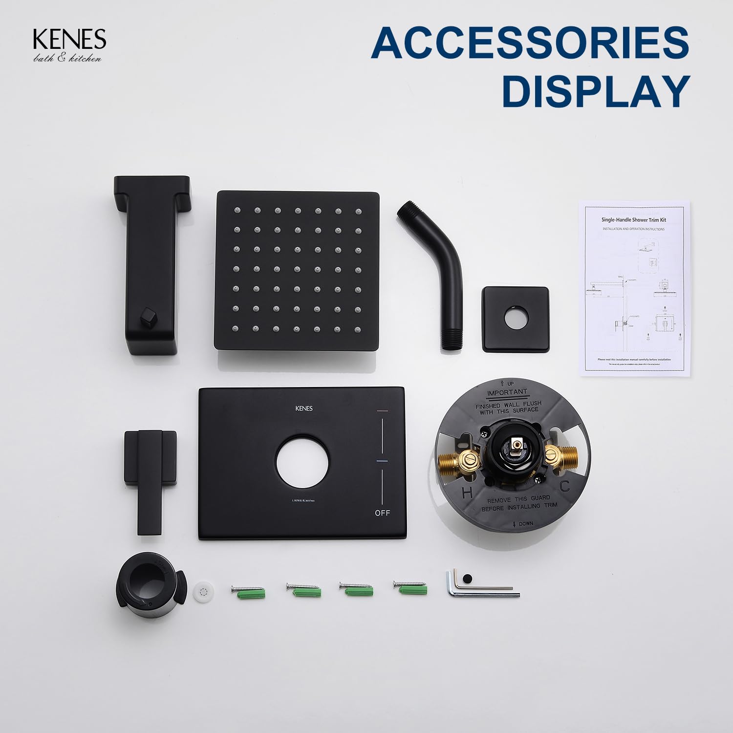 Kenes Modern Matte Black Shower Faucet Set - Single-Spray Square Stainless Steel Rain Shower Head with Tub & Shower Trim Kit (Valve Included) KE-6025A-2 - Perfect for Bathroom Renovation & Luxury Spa Experience