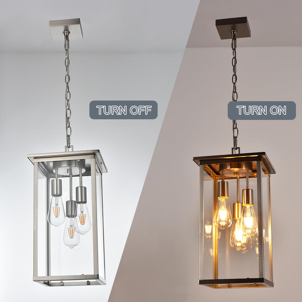 3-Lights Outdoor Pendant Light - Modern Brushed Nickel Chandelier with Clear Glass Shades - Adjustable Ceiling Mount Porch Lighting for Entryway, Patio, Deck & Garden - Weather-Resistant Exterior Hanging Light Fixture