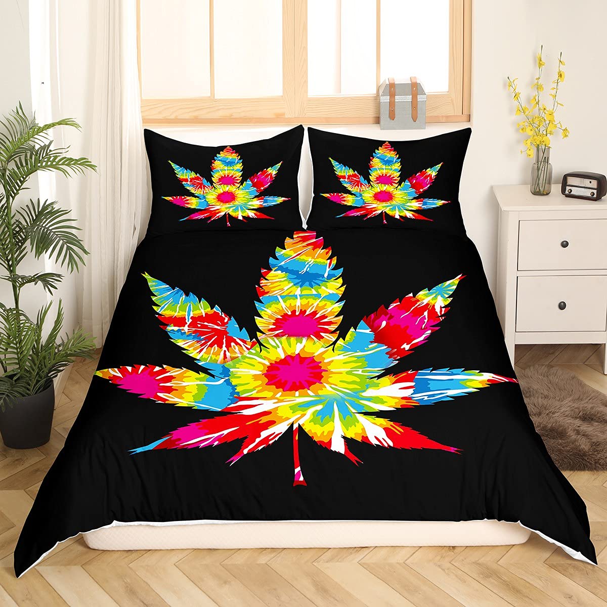 Colorful Cannabis Leaf Duvet Cover Set - 2PC Tie-Dye Botanical Bedding for Twin Bed | Soft Marijuana Weed Hemp Comforter Cover for Kids, Girls & Women | Perfect for Hippie, Boho & Nature-Themed Bedroom Decor