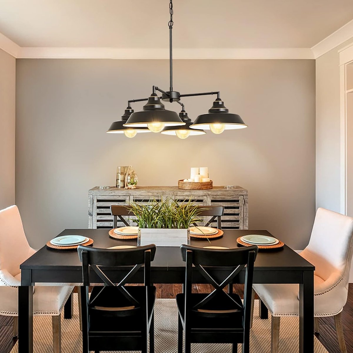 Depuley 4-Light Black Adjustable Chain Hanging Pendant Light - Farmhouse Kitchen Island Lighting for Dining Room, Living Room, Foyer - Gold Edge Accent Modern Home Decor