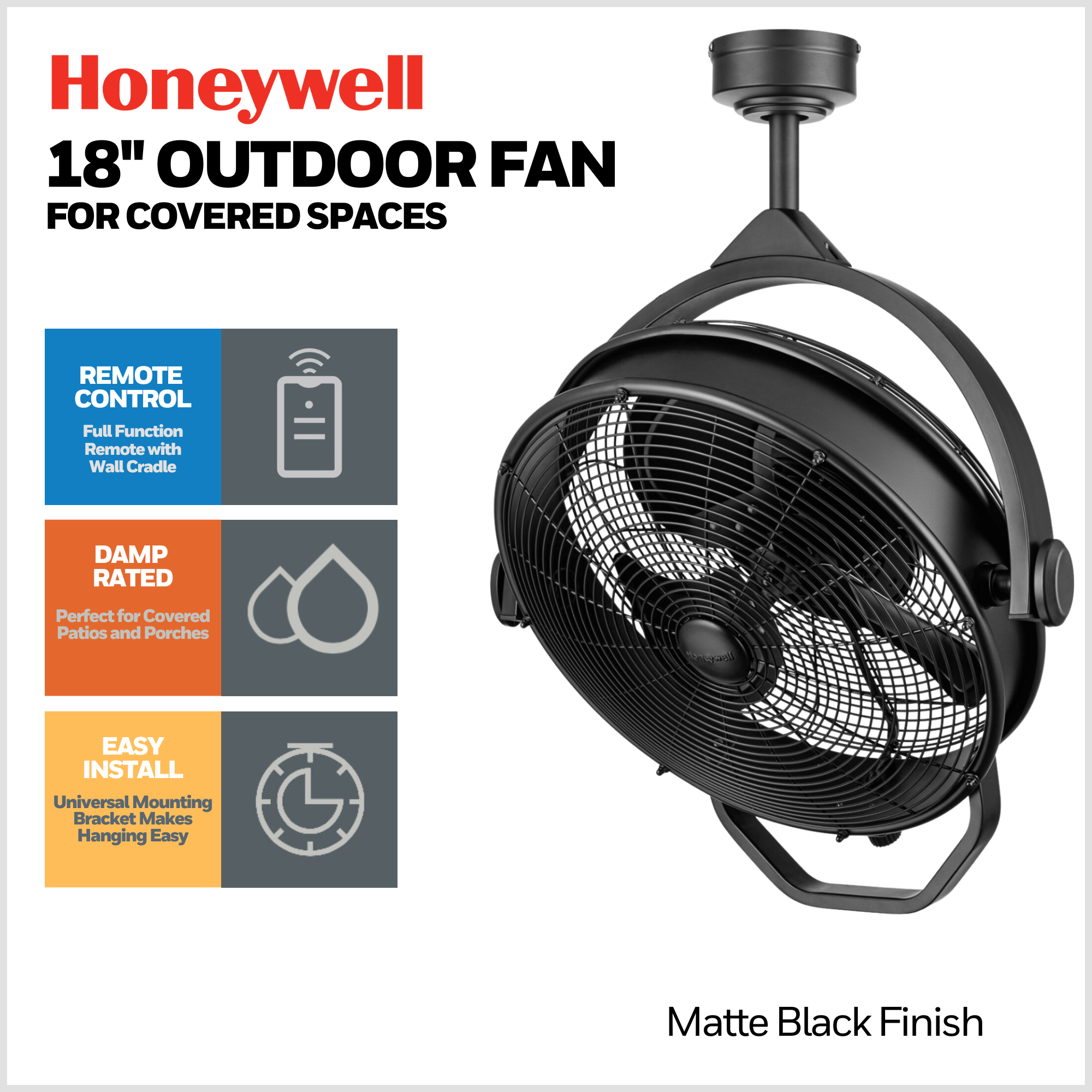 18 Inch Honeywell Indoor/Outdoor Matte Black Ceiling Fan with Remote Control - No Light, Damp Rated for Patio, Porch, Garage & Living Room - Energy Efficient Quiet Cooling for Year-Round Comfort