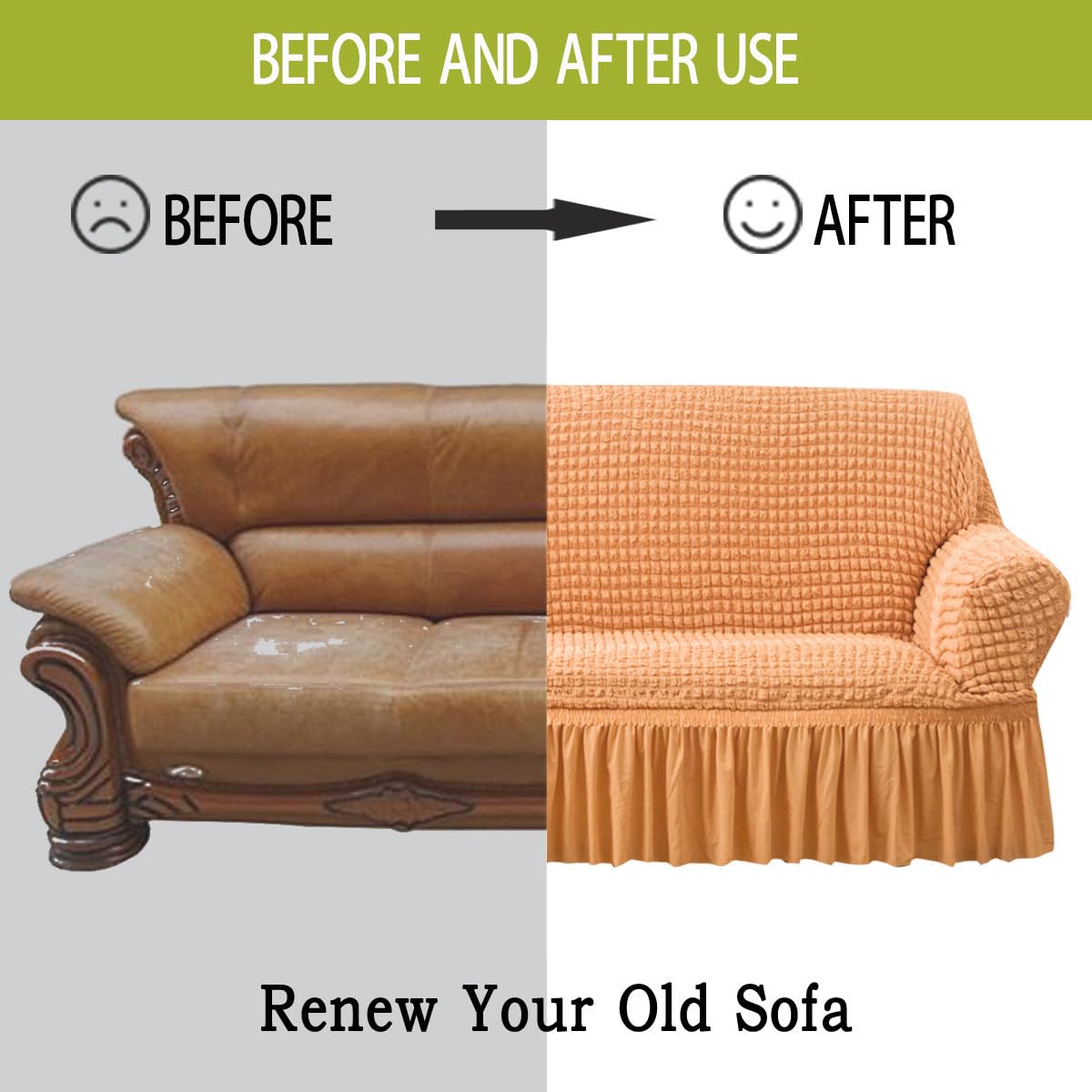 Qubjus Stretch Sofa Slipcover - Washable Couch Cover for Sofa & Bed - Elastic Bottom & Skirt - Furniture Protector - Orange XL - Perfect for Living Room, Family Room & Guest House Decor
