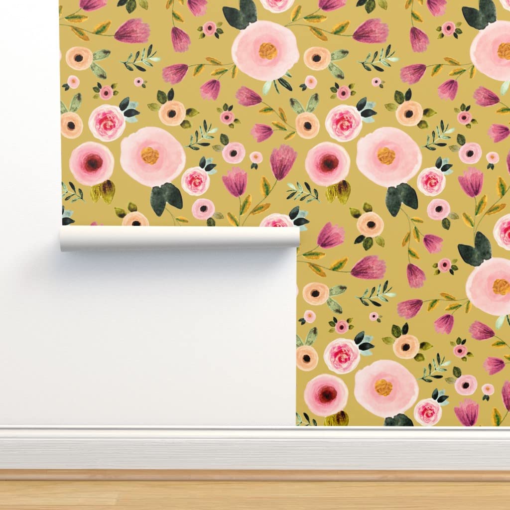 Premium Commercial Grade Wallpaper 27ft x 2ft - Floral Boho Design in Pink, Gold & Mustard Yellow | Perfect for Nursery, Bedroom & Living Room Decor | Spoonflower Traditional Pattern