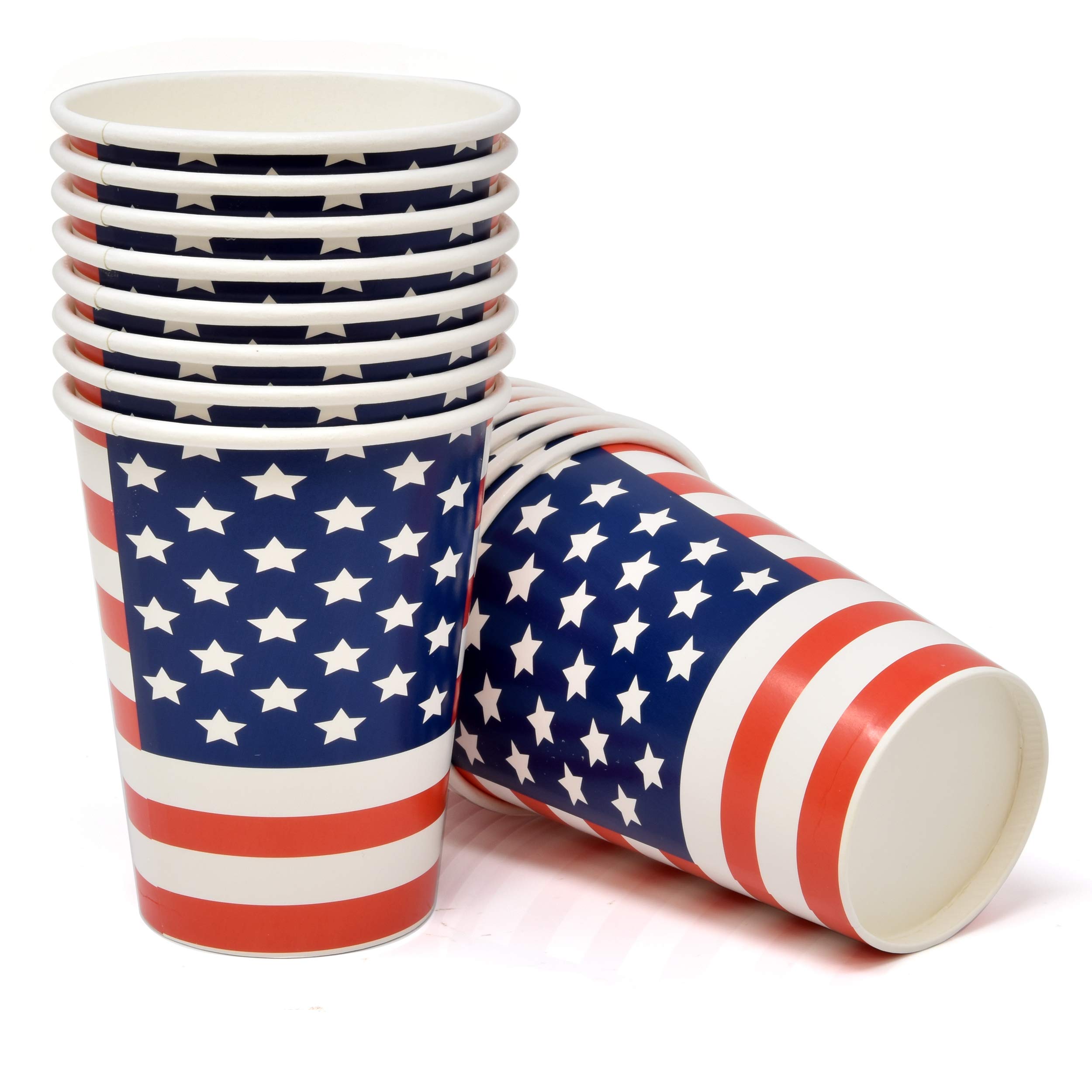 50 Patriotic Disposable Paper Cups 12 Oz - American Flag Themed Red White & Blue Stars & Stripes Party Cups for 4th of July, Memorial Day, Veterans Day - Perfect for BBQs, Picnics, Independence Day Celebrations and Patriotic Events