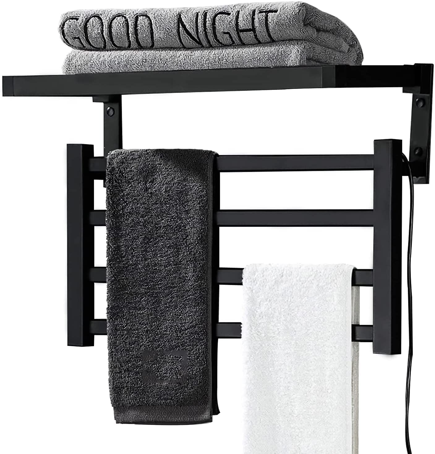 Wall Mounted Heated Towel Rack with Top Shelf - 5 Bar Electric Towel Warmer for Bathroom, Hardwired or Plug-in Installation, Black - Perfect for Spa, Luxury Hotels & Modern Home Bathrooms