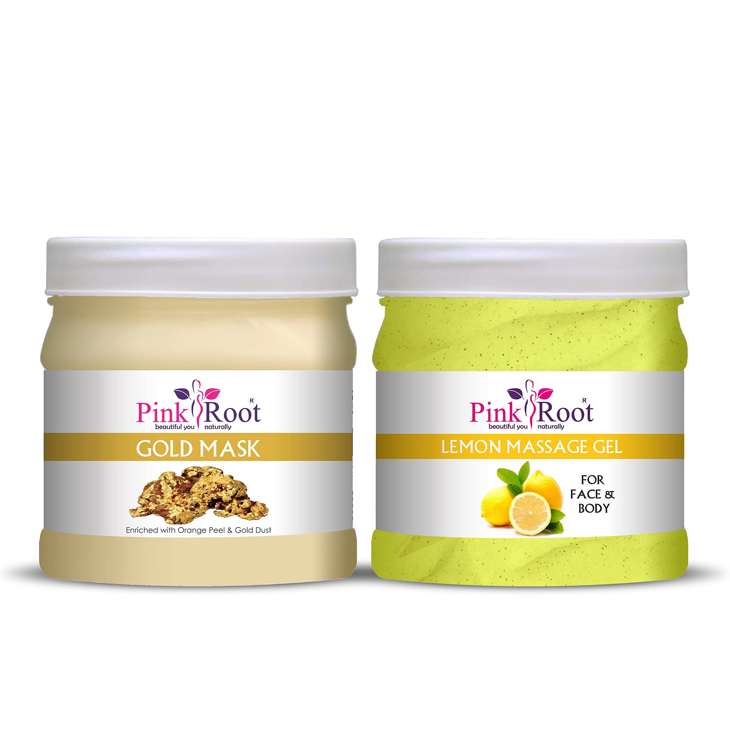Pink Root Lemon Massage Gel & Gold Mask Set - 500ml Each | Hydrating & Brightening Skincare Duo for Face & Body | Perfect for Spa Day, Self-Care Routine & Gift Giving