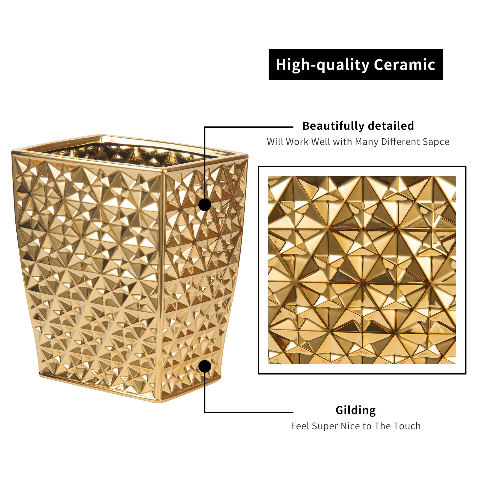 Premium Ceramic Gold Square Trash Can - Stylish Waste Bin for Kitchen, Bathroom, Bedroom, Home Office & Kids Room | Durable Garbage Container with Lid | Perfect for Modern Homes & Small Spaces