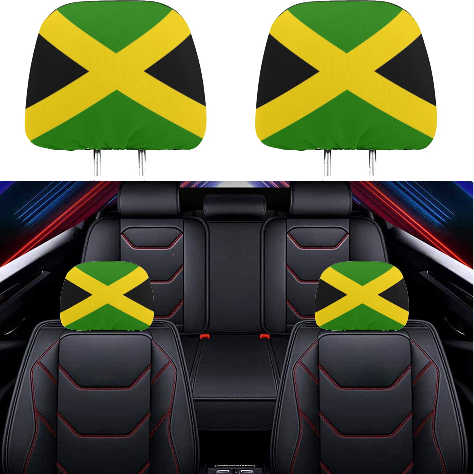 2 Pack Jamaica Flag Headrest Covers - Universal Fit for All Car & Truck Models - Car Seat Protector Accessories - Perfect for Jamaican Pride, Road Trips & Car Decor