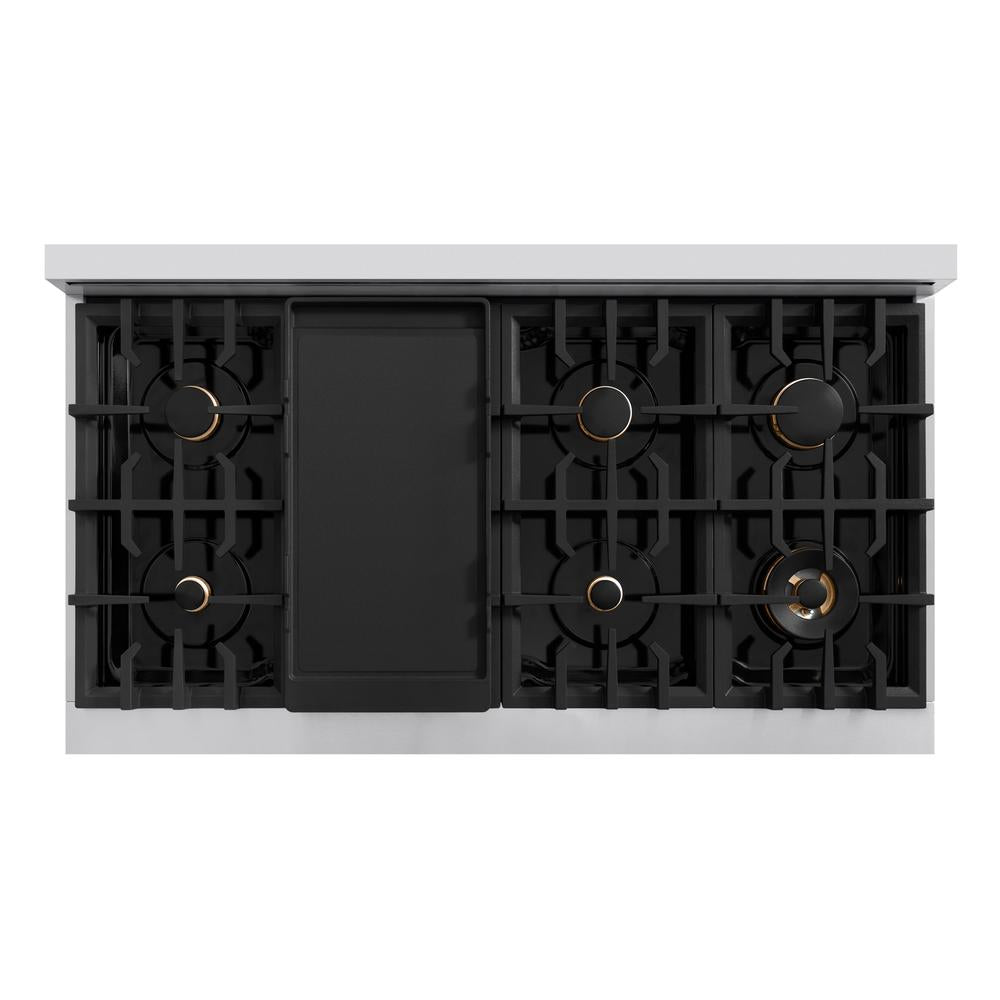ZLINE Autograph Edition 48-Inch 6.7 cu. ft. Professional Double Oven Gas Range with 8 Burner Cooktop - Stainless Steel with Black Matte Doors & Champagne Bronze Accents (HGRZ BLM 48 CB) - Perfect for Gourmet Kitchens & Home Chefs