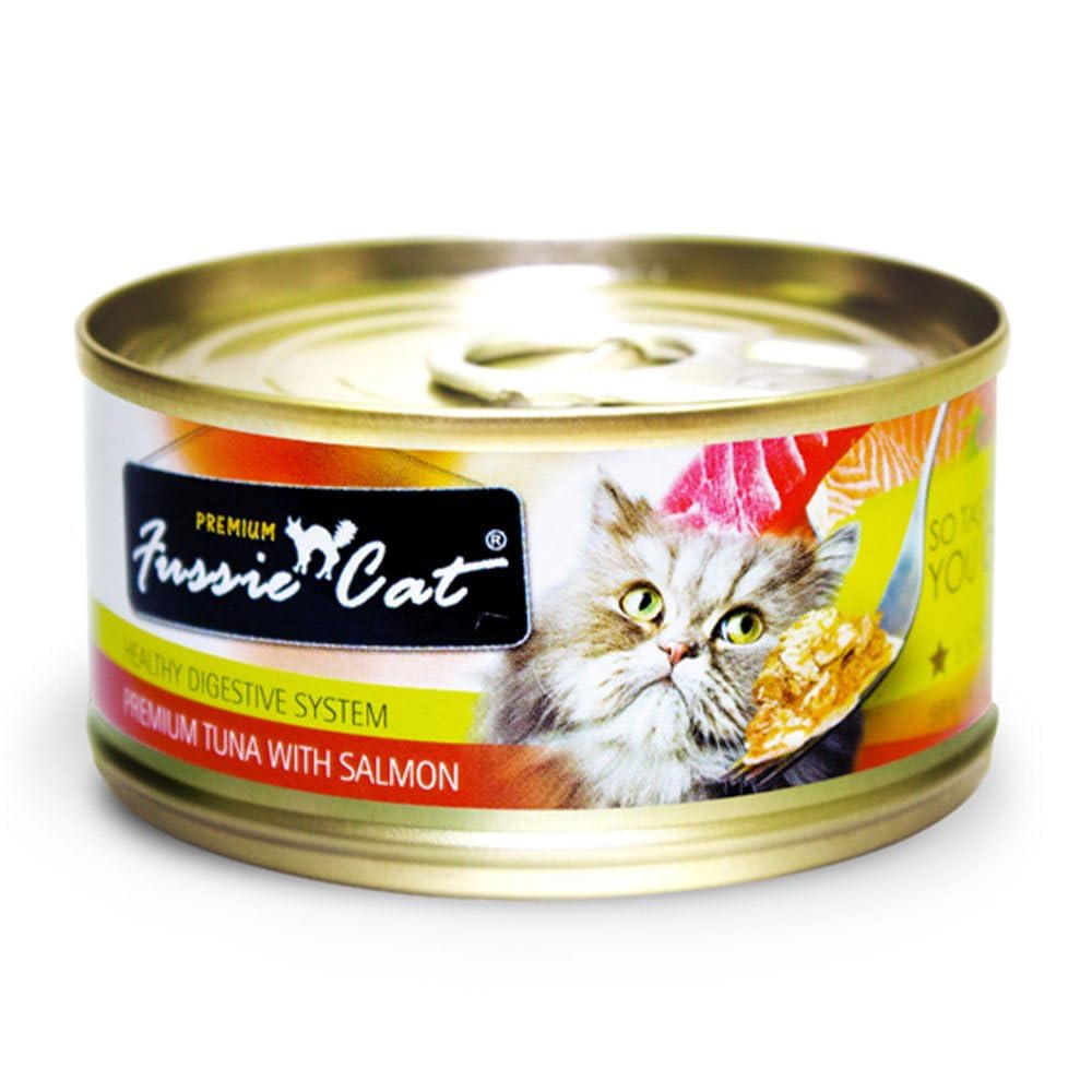 Premium Fussie Cat Wet Food for Cats - Grain-Free Tuna & Salmon Recipe in 2.8Oz Can - High Protein Natural Cat Food for Adult & Senior Cats - Perfect for Mealtime, Weight Management & Picky Eaters