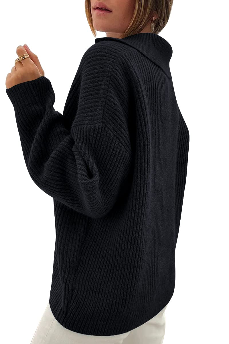 LILLUSORY Women's V-Neck Pullover Sweater - Casual Cable Knit Chunky Warm Winter Sweater with Collar - Polo Style Tops for Work, Dating & Fall Fashion