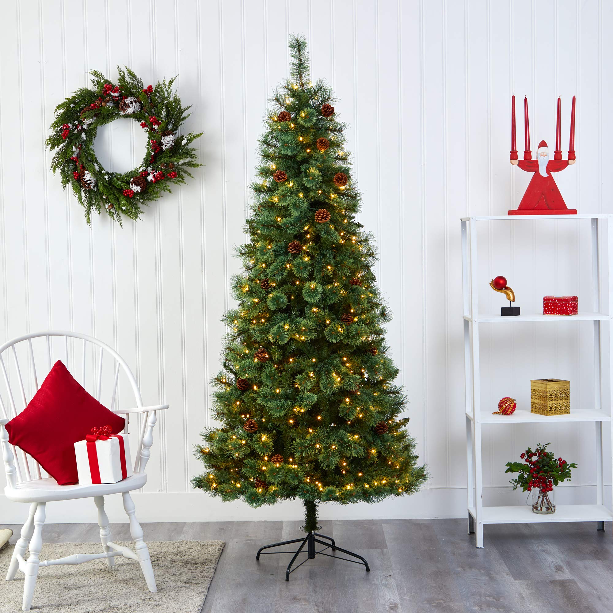 Nearly Natural 7ft White Mountain Pine Artificial Christmas Tree with 400 Clear LED Lights & Pine Cones - Perfect for Holiday Home Decor, Office Christmas Party & Festive Indoor Decoration
