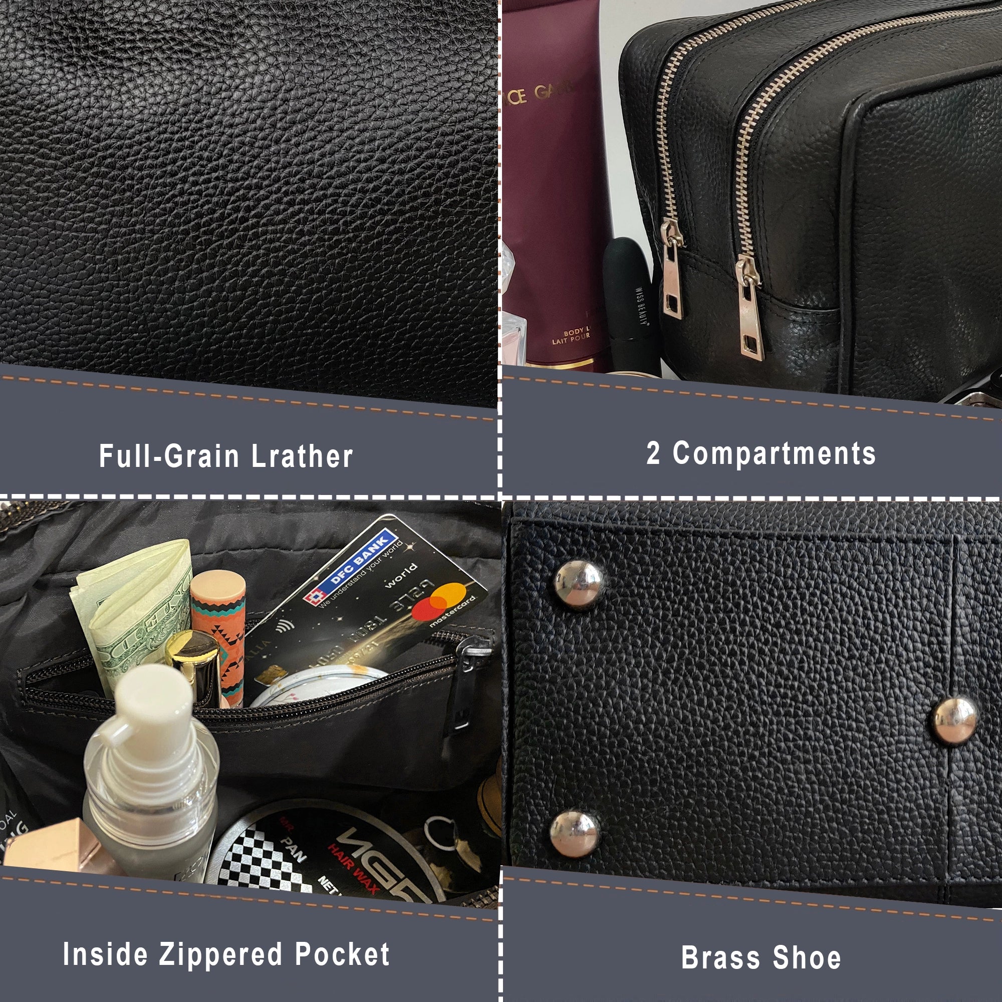 Johnny Leather Travel Toiletry Bag for Men & Women - Premium Black Leather Cosmetic Organizer - Perfect for Vacation, Gym & Business Trips