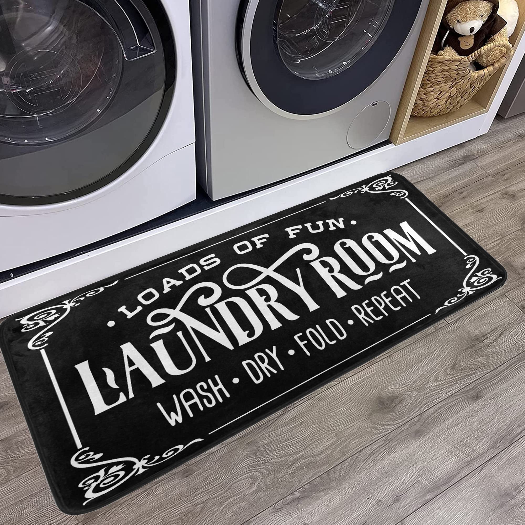 Farmhouse Laundry Room Rug - Non-Slip Washing Machine Mat, 39x20 Inch Black Runner for Bathroom & Laundry Decor - Perfect for Farmhouse, Cottage & Vintage Style Homes