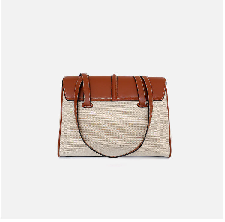 Genuine Leather Shoulder Bag with Canvas Lock Design - Stylish Tote Purse for Women | Perfect for Work, Travel & Everyday Use