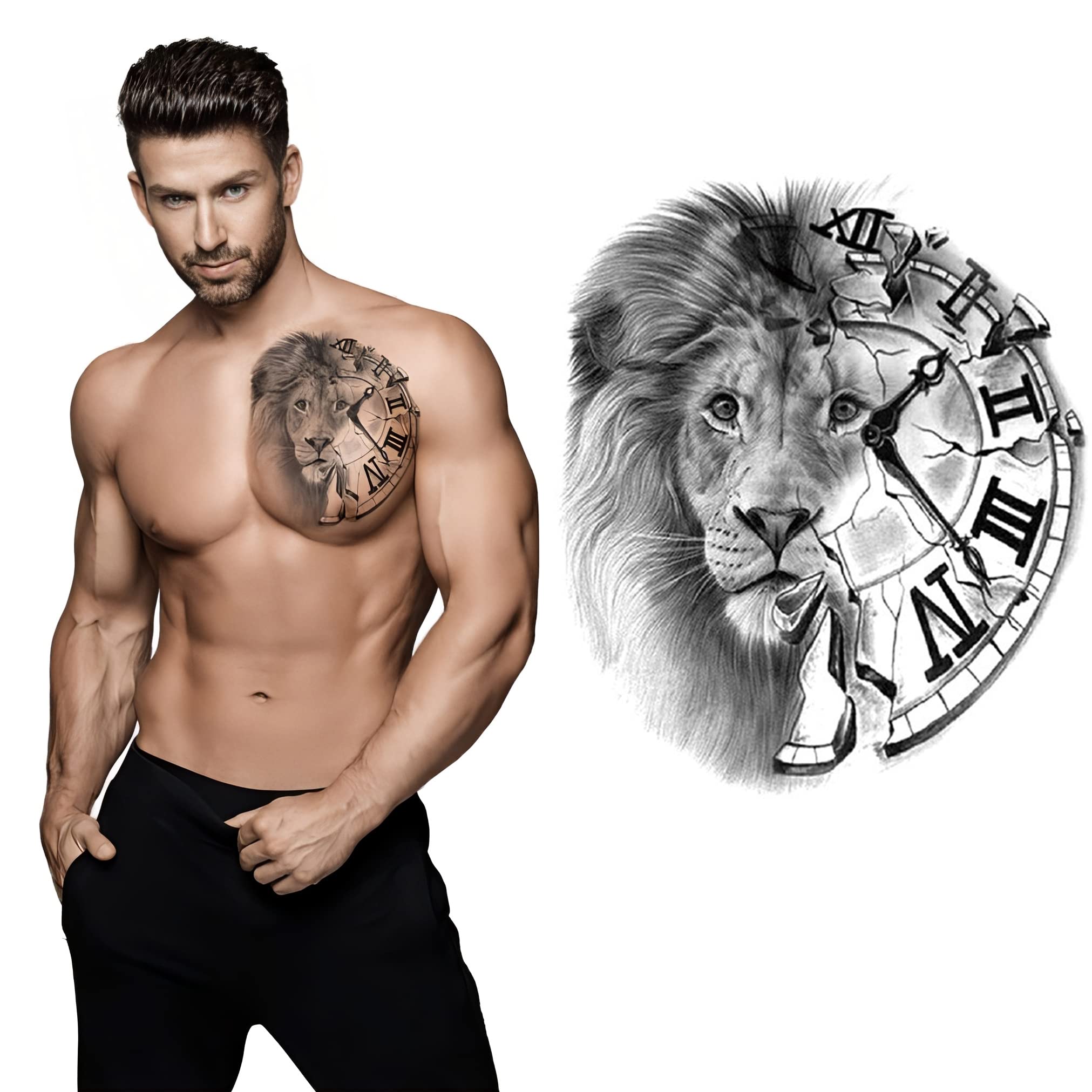 Waterproof Temporary Tattoos for Men & Women - Lion Face with Half Clock Design | Long Lasting Fake Tattoos for Parties, Halloween & Cosplay | S.A.V.I Fashion Body Art