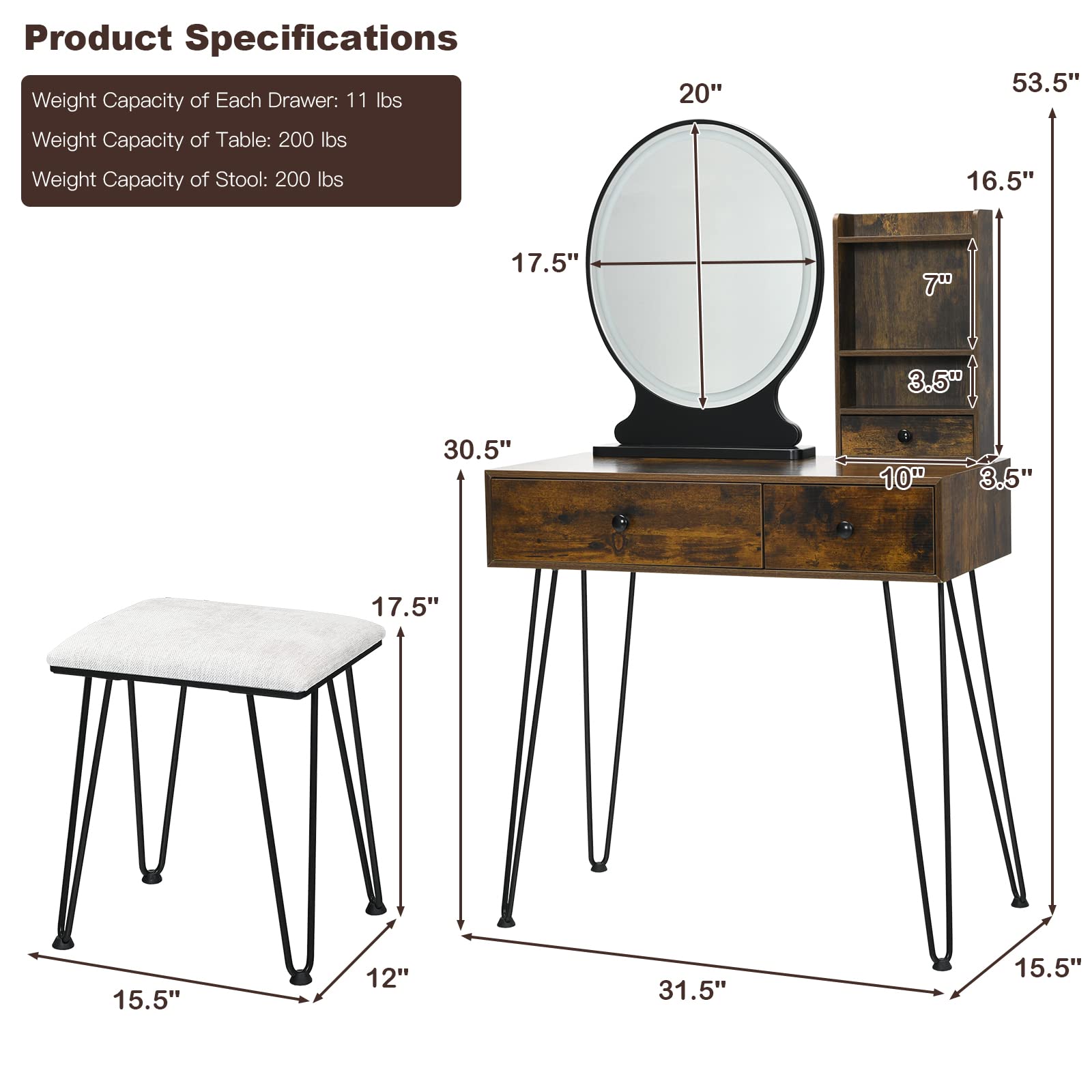 Charmaid Makeup Vanity Table with LED Lights - 3 Drawers & Shelves, Adjustable Brightness, Dressing Desk with Stool - Perfect for Women & Girls Bedroom, Beauty Salon (Rustic Brown)