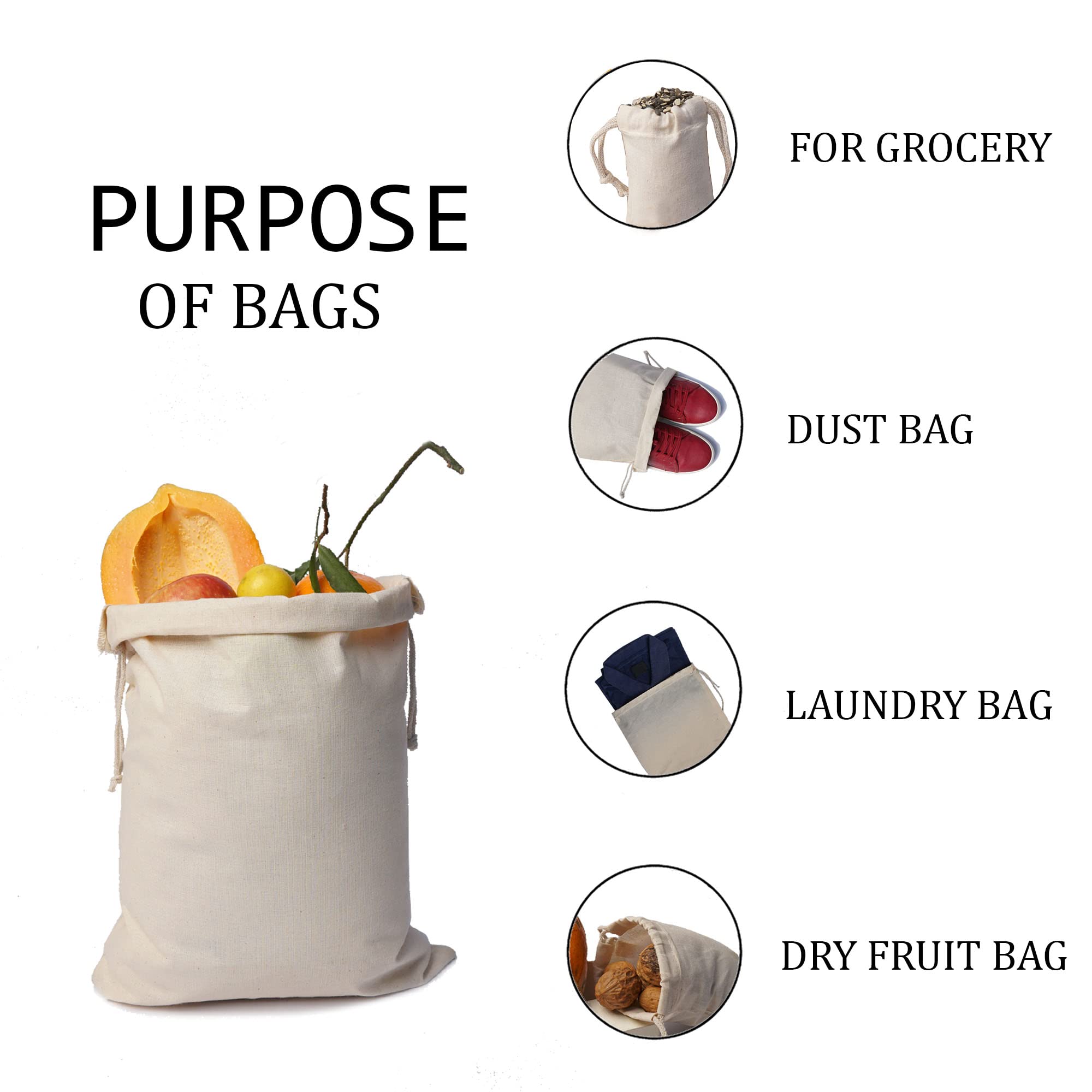 Premium 100% Organic Cotton Muslin Bags - Double Drawstring, Reusable & Eco-Friendly (50-Pack, 18