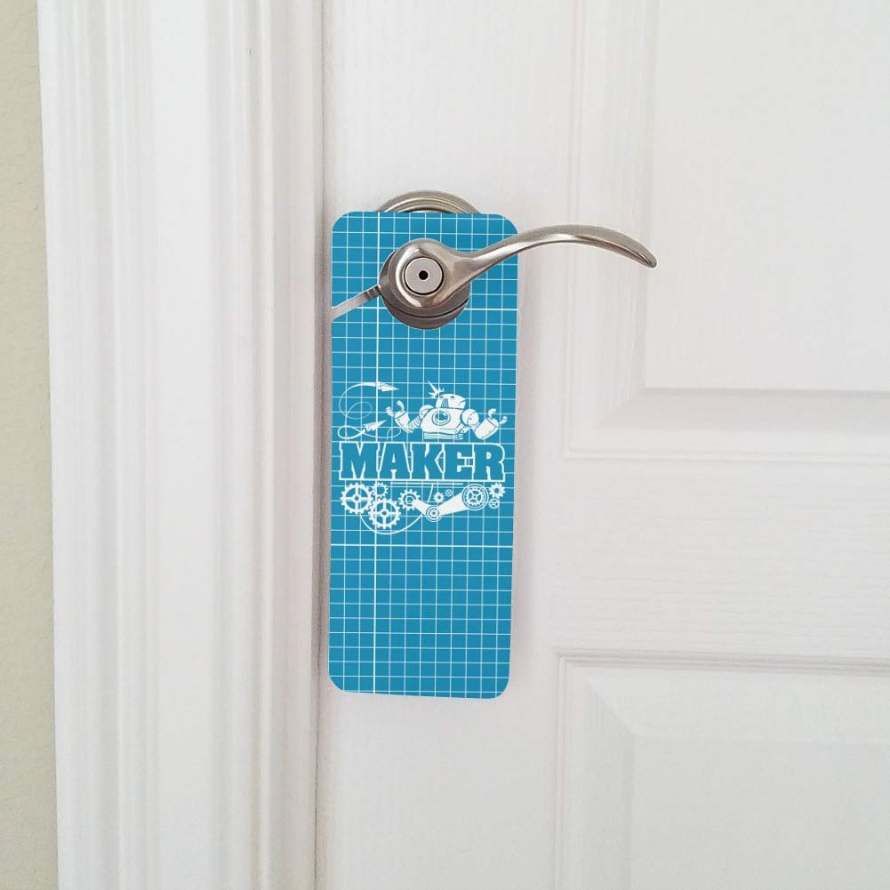 GRAPHICS & MORE Maker Blueprint Design with Robot and Gears Plastic Door Knob Hanger Sign - Creative Workshop Decor for DIY Enthusiasts & STEM Classroom