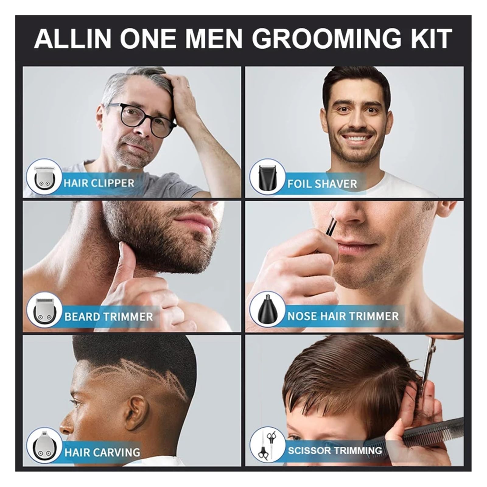 5-in-1 Rechargeable Men's Beard Trimmer & Nose Hair Clipper - Electric Shaver with Scissor Set for Professional Grooming at Home or Travel