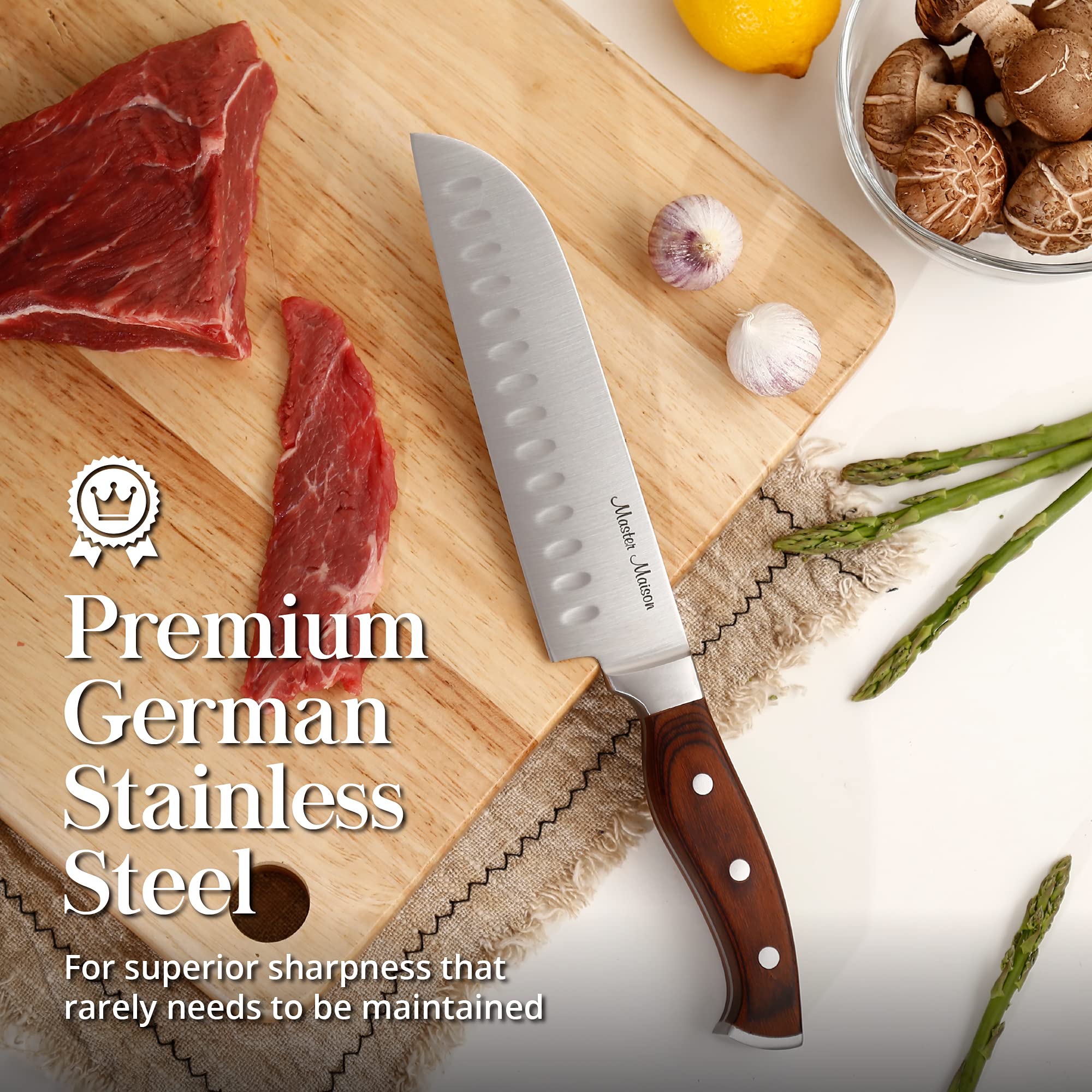 Premium 15-Piece Kitchen Knife Set with Walnut Block - Stainless Steel Knives Including Chef Knife, Utility Knives & 6 Steak Knives - Comes with Knife Sharpener - Perfect for Home Cooking, Professional Chefs & Gift Giving