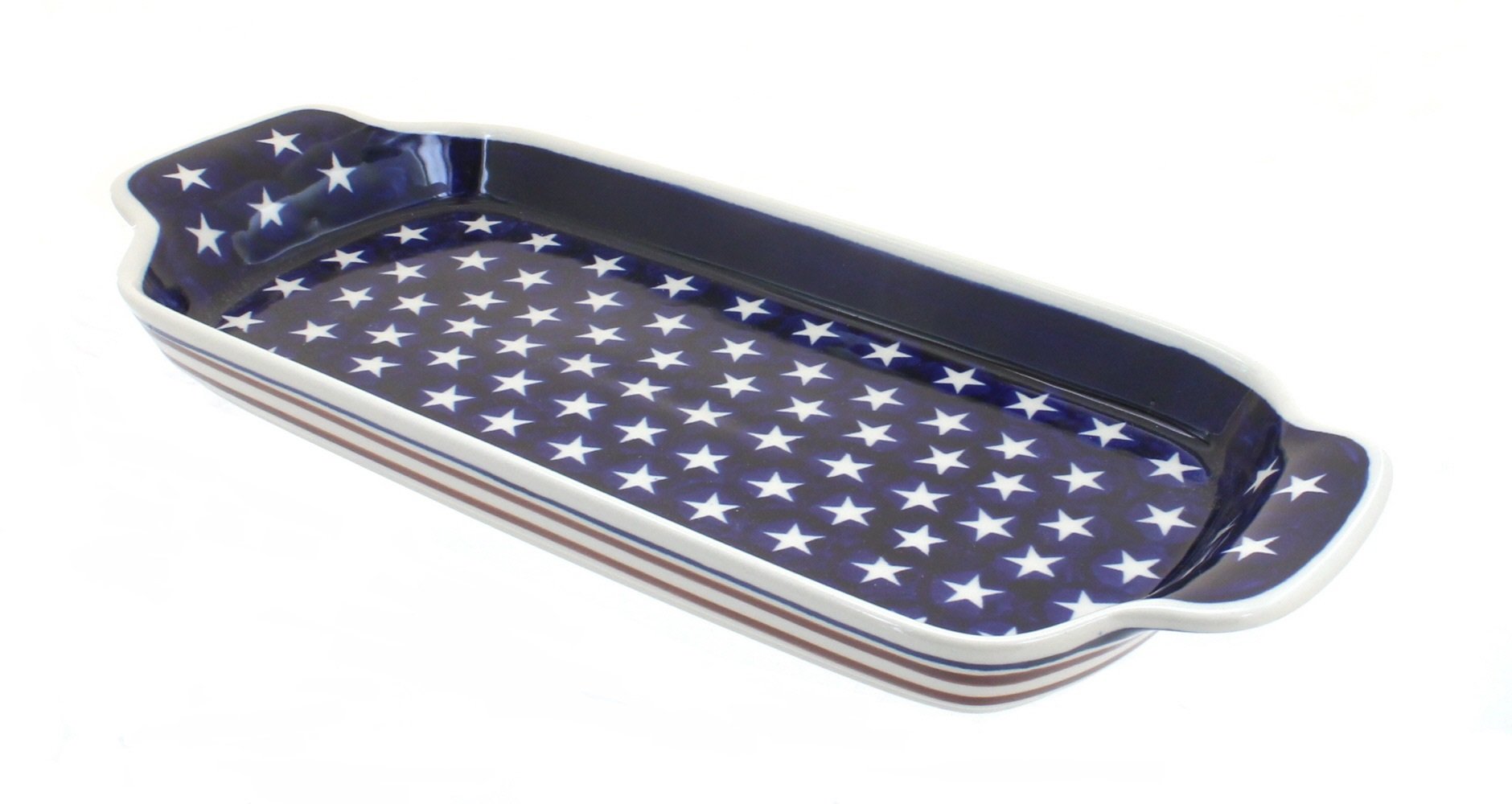 Handmade Blue Rose Polish Pottery Stars & Stripes Bread Tray with Handles - Perfect for Serving Bread, Pastries & Appetizers at Parties, BBQs & Holiday Gatherings
