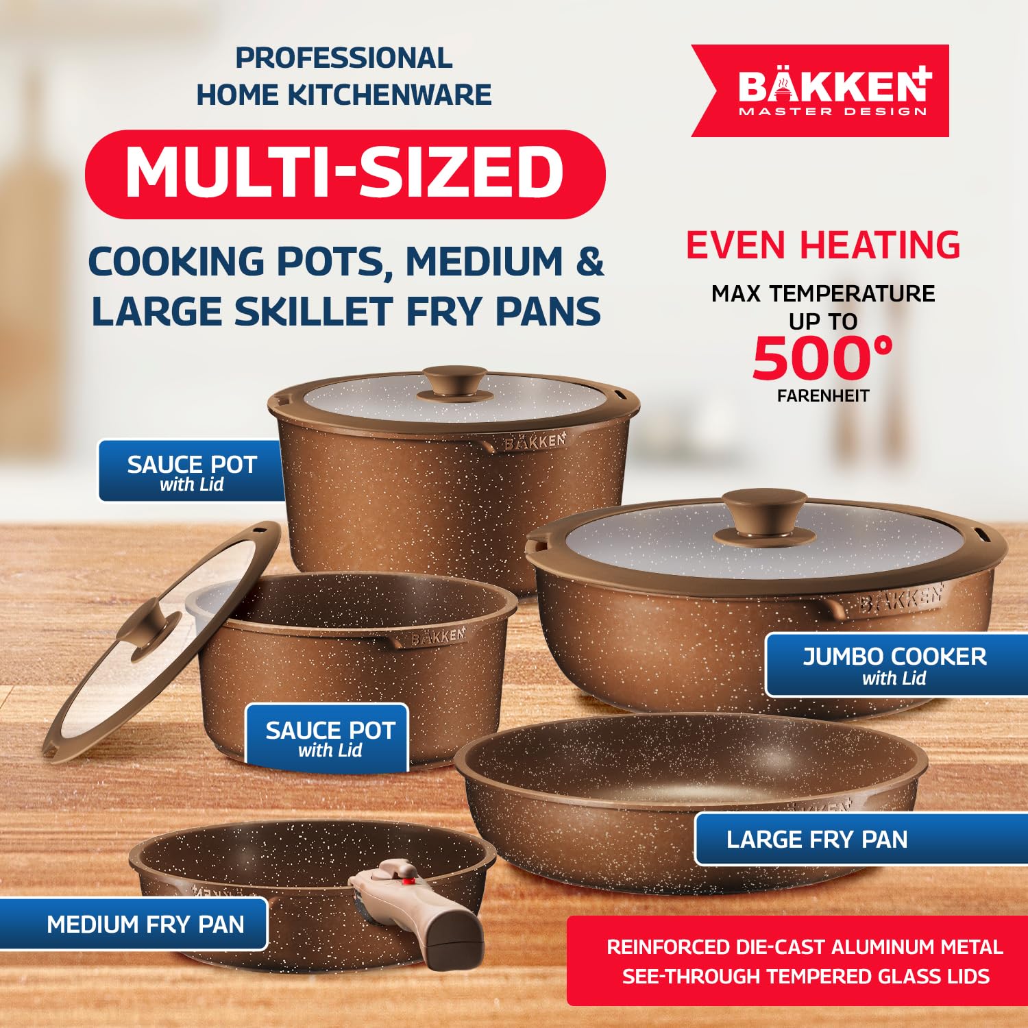 Bakken Master 38-Piece Granite Cookware and Bakeware Set - Nonstick Granite Coating Pots & Pans with Removable Handles, Tempered Glass Lids, 6-Piece Bakeware, 12-Piece Mixing Bowls - Perfect for Baking, Cooking & Meal Prep - Brown
