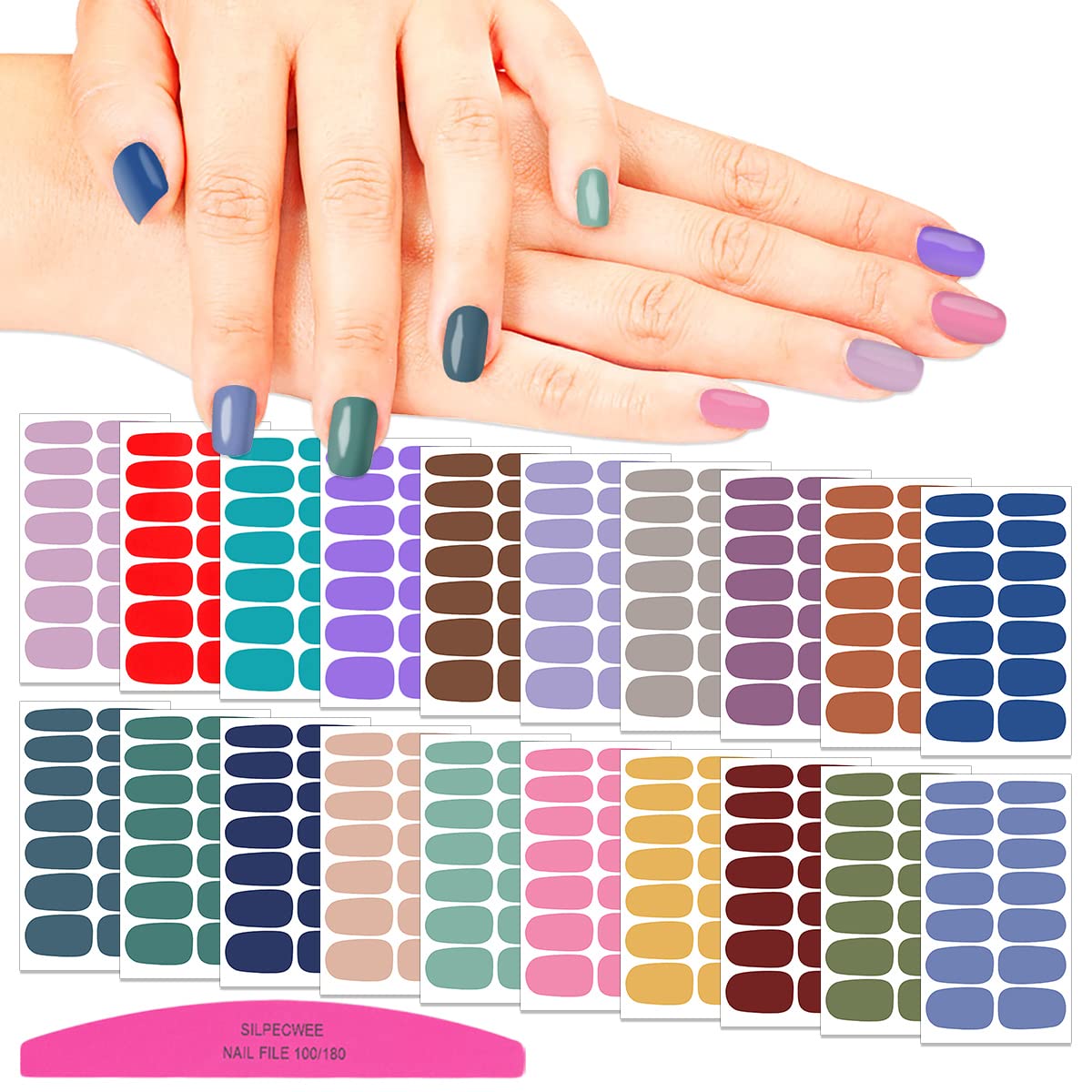 SILPECWEE 20 Sheets Solid Color Nail Polish Strips - Self-Adhesive Nail Wraps for Women, DIY Nail Art Stickers with Nail File - Perfect for Manicure, Home Salon & Party Nail Designs