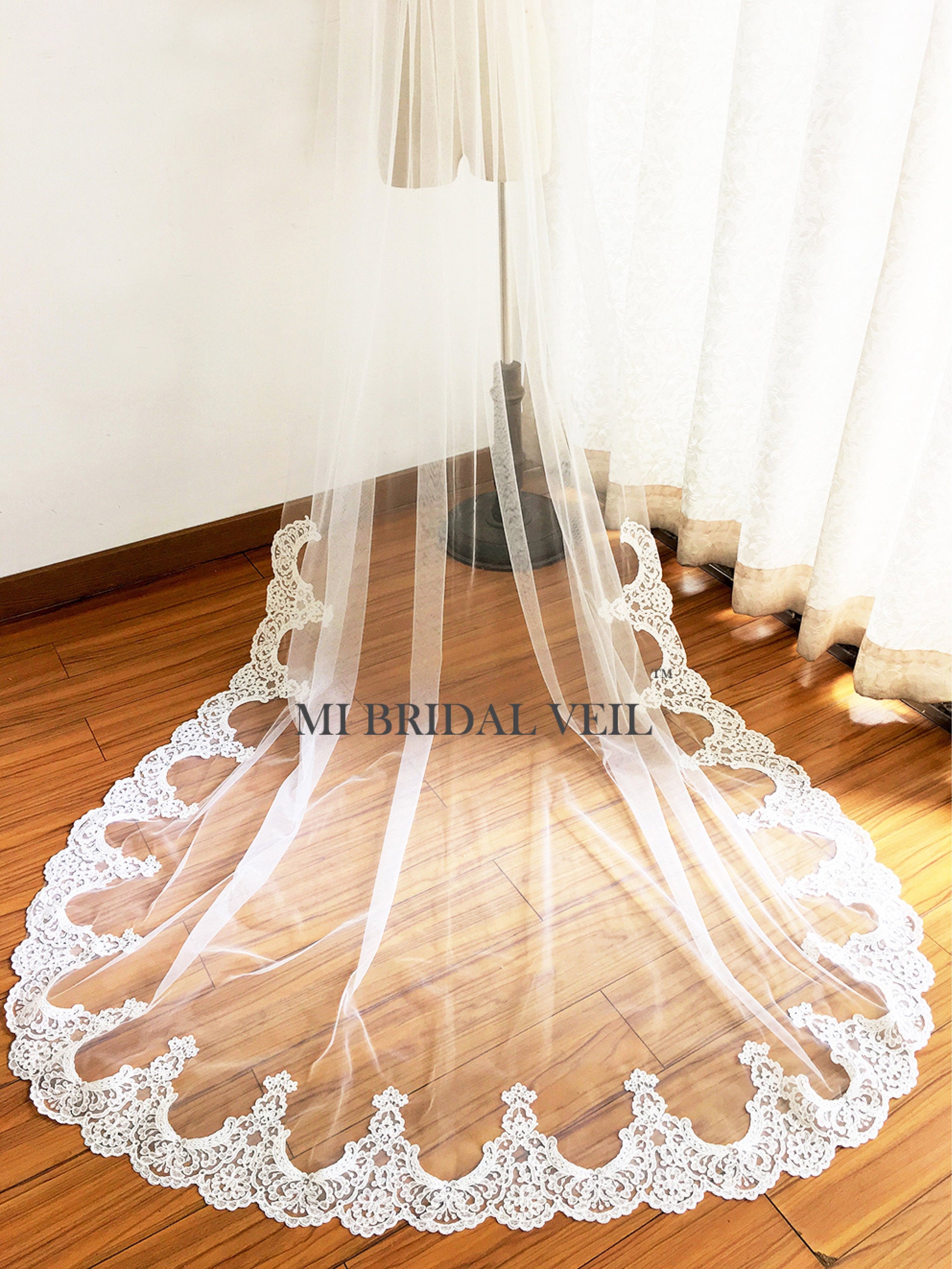 Elegant Cathedral Lace Wedding Veil - Edwardian Inspired Bridal Veil with Delicate Bottom Lace | Perfect for Vintage Weddings, Formal Ceremonies & Bridal Photography